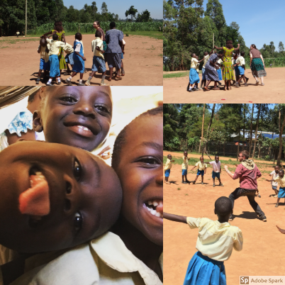  More shenanigans during recess. The top two pictures show a group of students playing, "I lost a letter" which is very similar to "Duck, Duck, Goose". On the bottom right, Ben shows students how to dance the Hokey Pokey. On the left, we have student