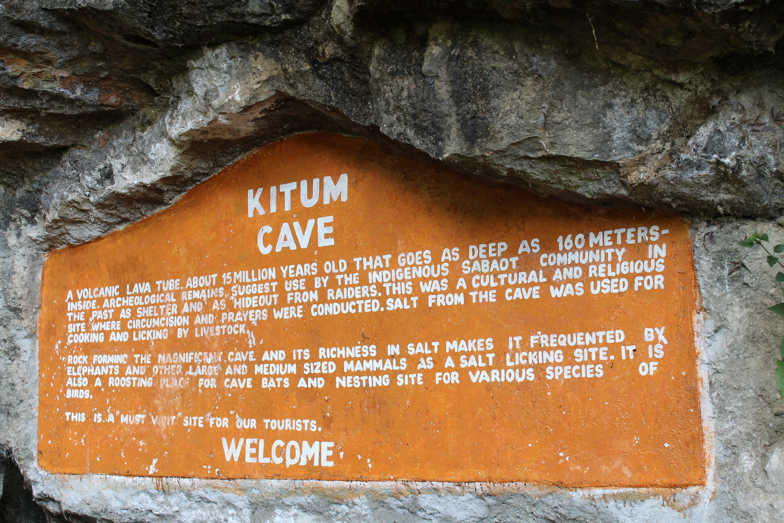 Kitum Cave: "A volcanic lava tube about 15 million years old that goes as deep as 160 Meters inside. Archaeological remains suggest use by the indigenous Sabot community in the past as shelter and as hideout from raiders. This was a cultural and rel