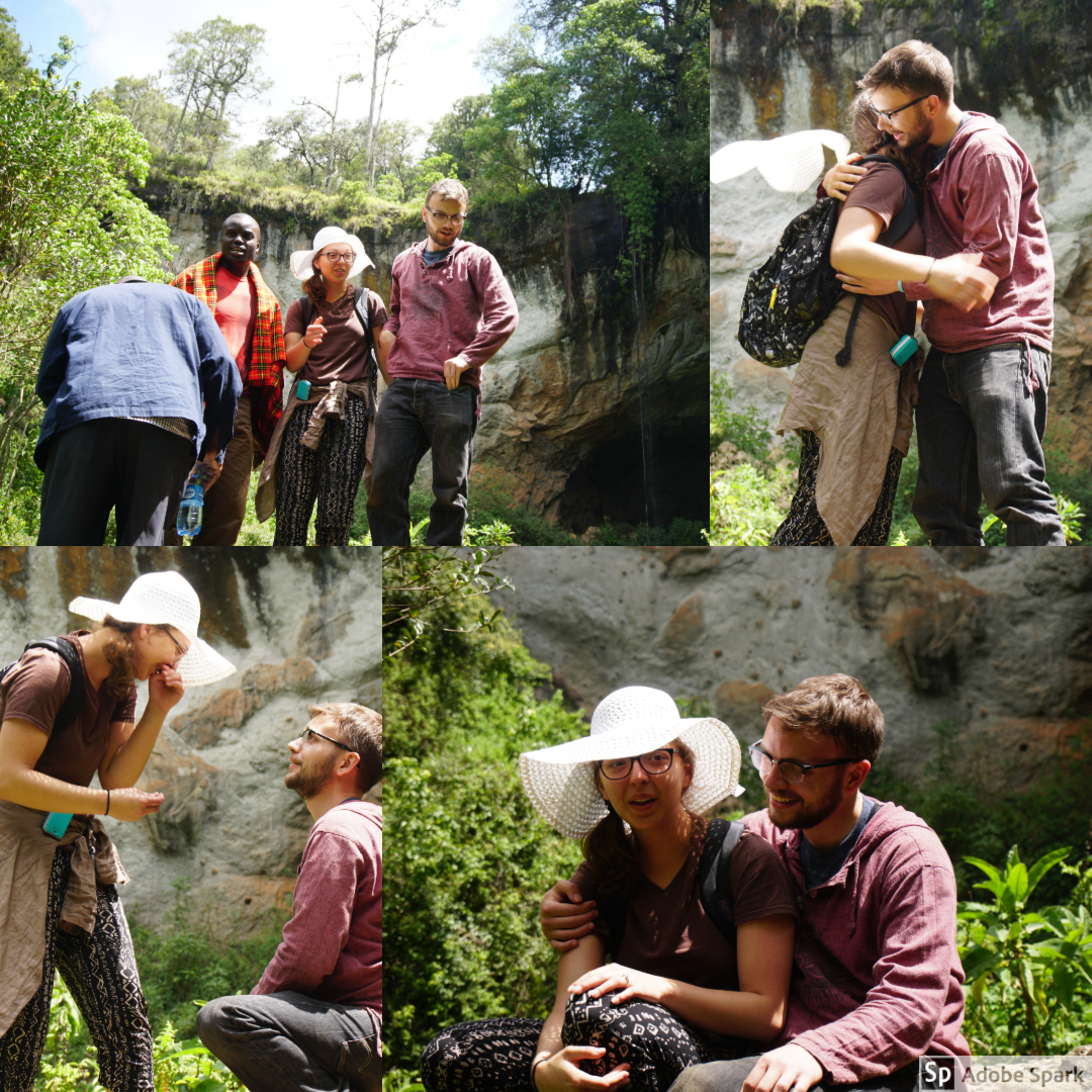  After Livingstone, our two drivers from the van also wanted to take pictures. Ben encouraged Natalie to climb the boulder as well. After help, Natalie finally climbed and Ben popped the question! This was the first "American" proposal for the Kenyan