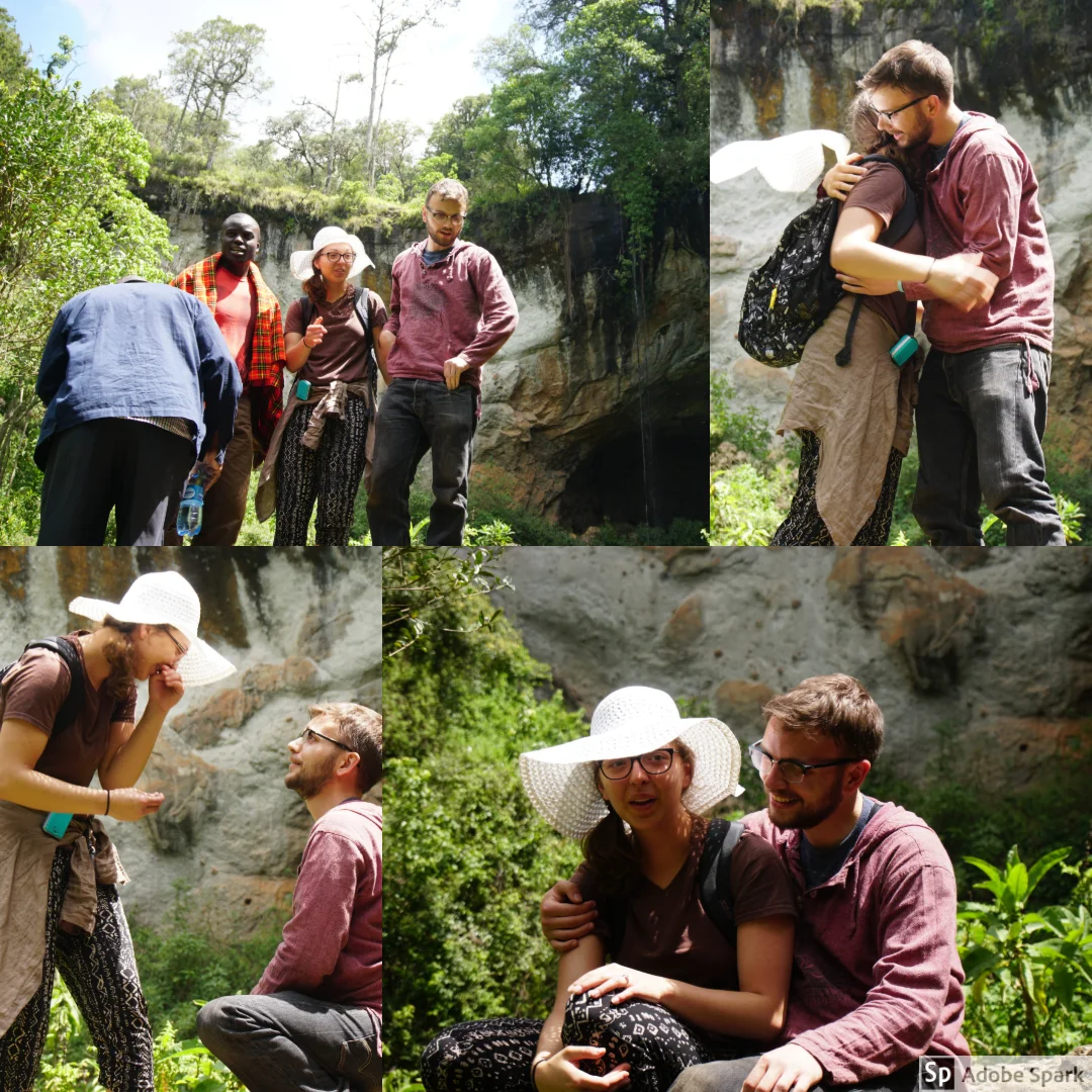 After Livingstone, our two drivers from the van also wanted to take pictures. Ben encouraged Natalie to climb the boulder as well. After help, Natalie finally climbed and Ben popped the question! This was the first "American" proposal for the Kenyans on the trip.