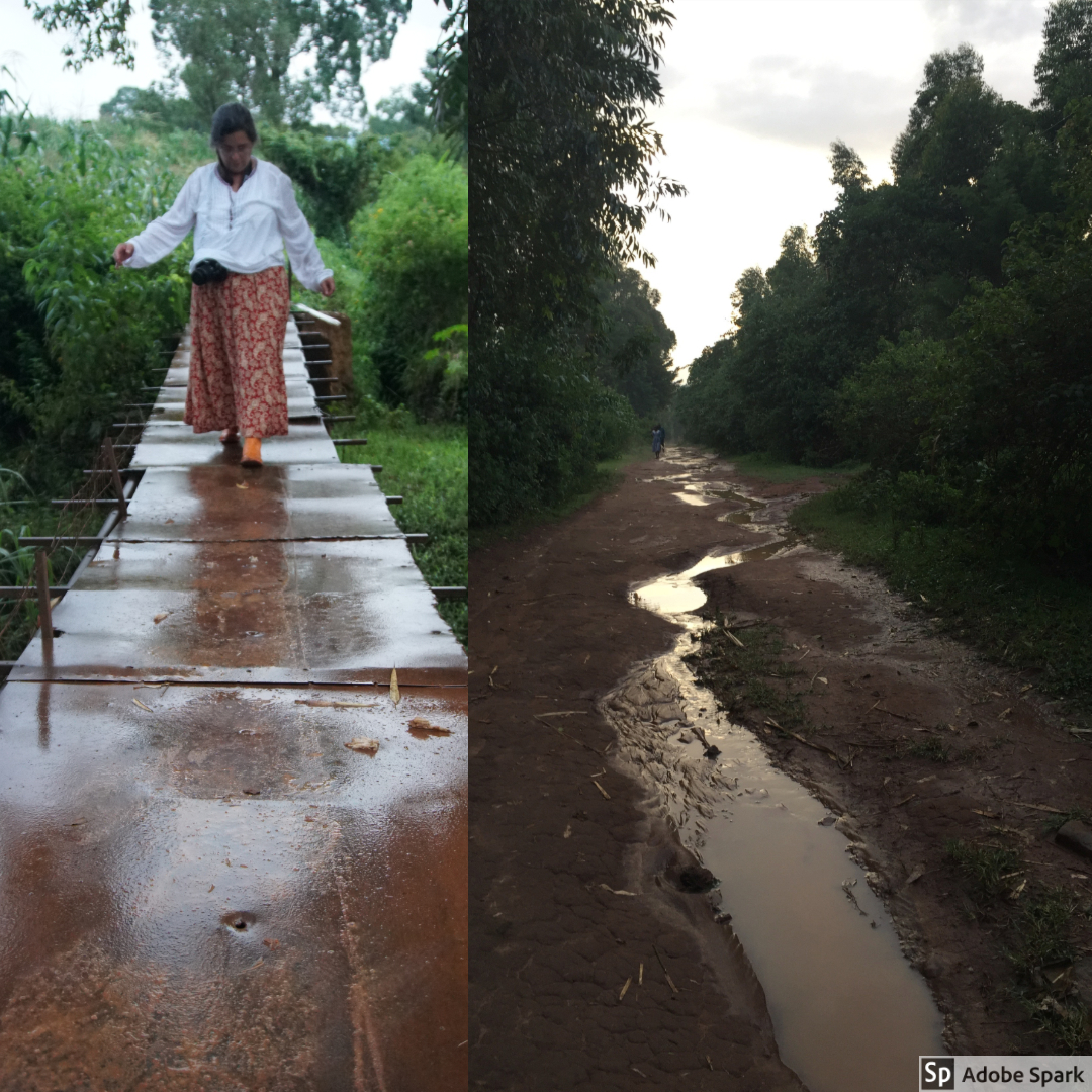 After one of the monsoon rains, Melissa went for a walk. She wanted to retrace the steps that students sometimes take to school, including going back over the metal bridge after the rain. One of the roads in the village had a river running through t