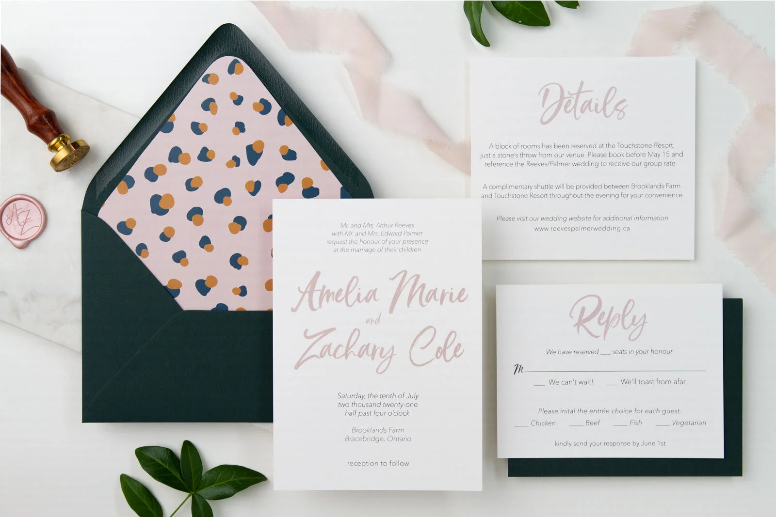 Semi-custom wedding suite featuring an invitation, rsvp, and details card all with a modern brush script in blush pink.