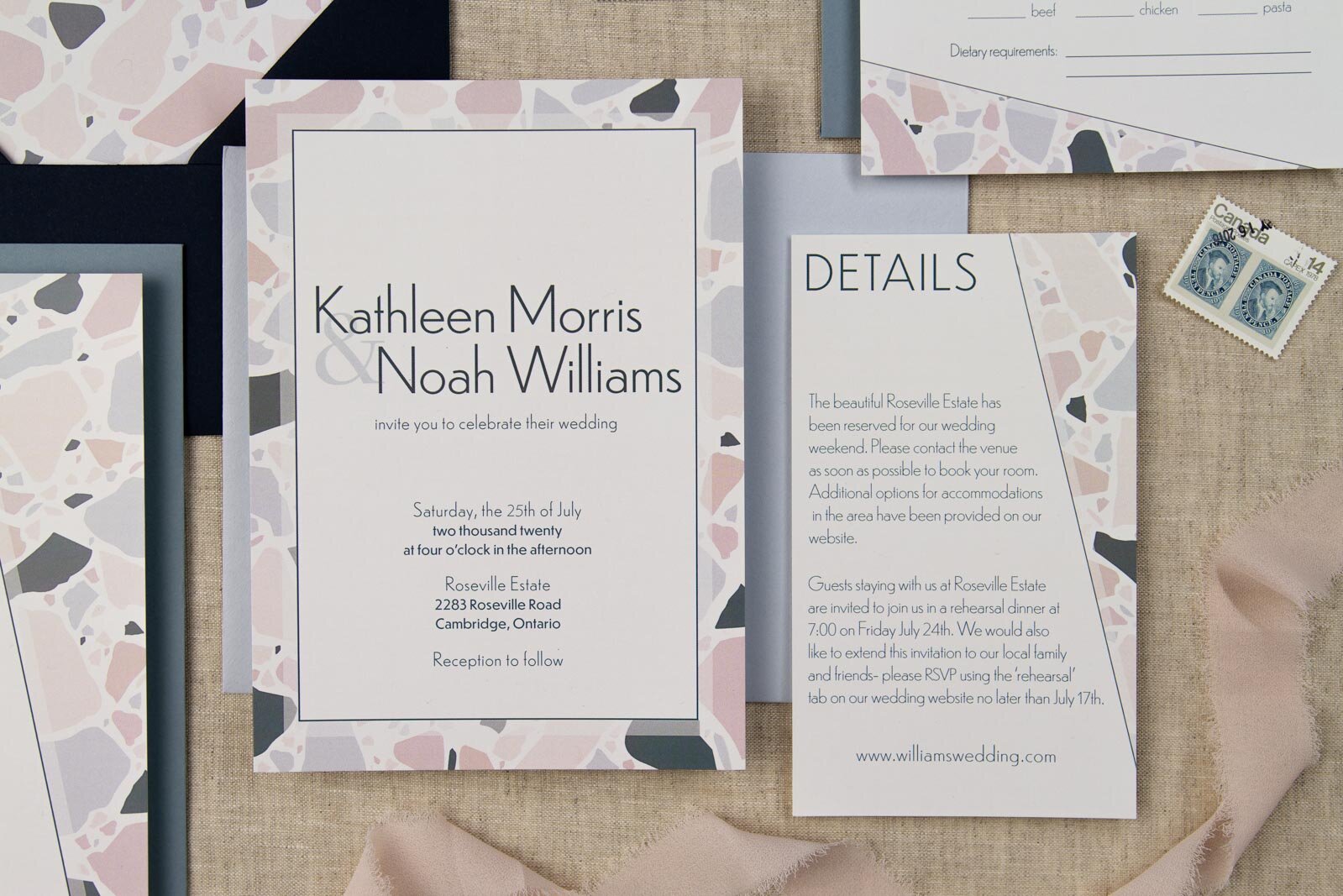  Semi-custom wedding invitation and details card, both featuring geometric accents in a pastel terrazzo pattern. 