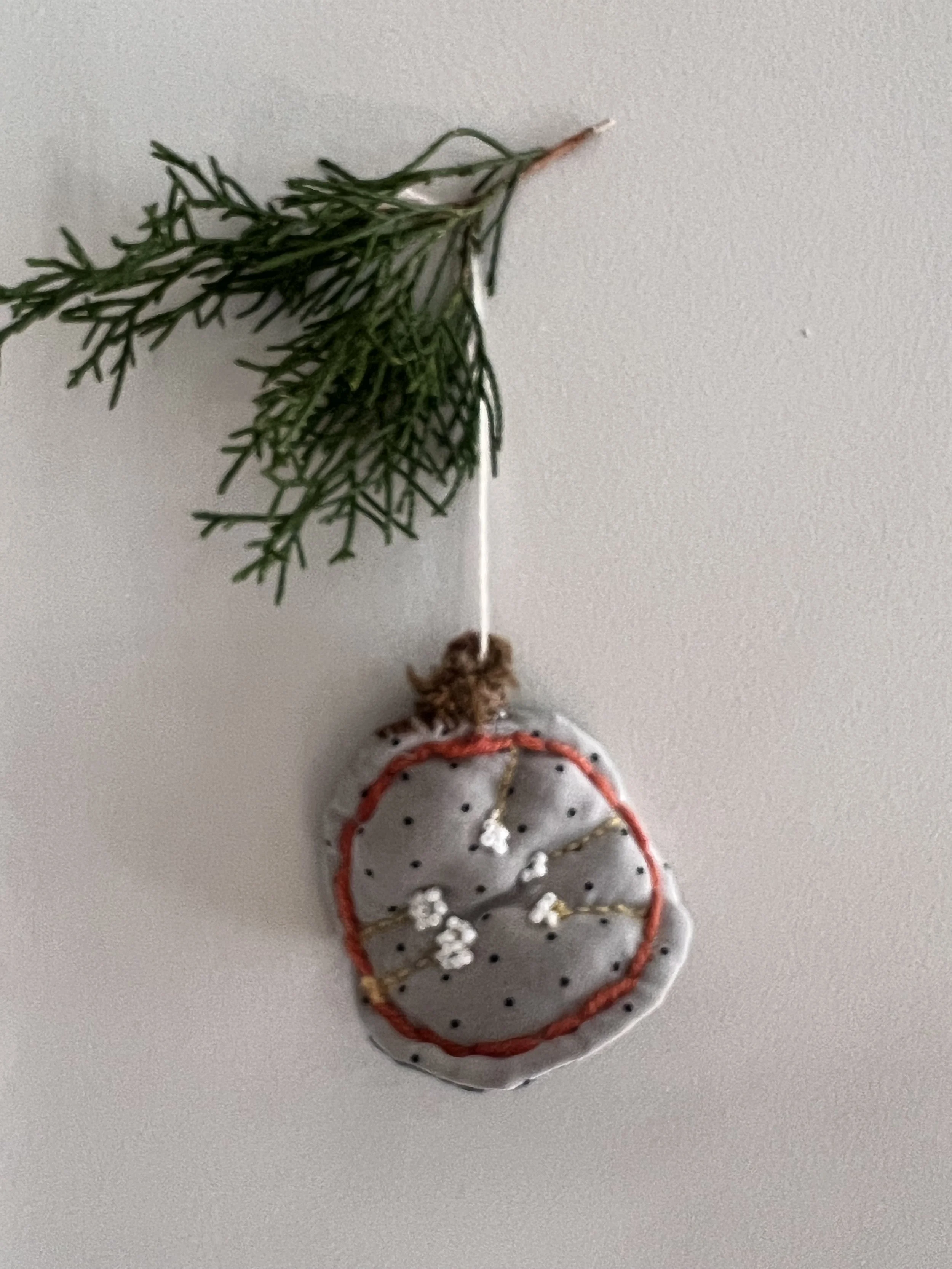 Polkadot with White Seeds  "Money-Plant" Hand—Sewn Fabric Ornament