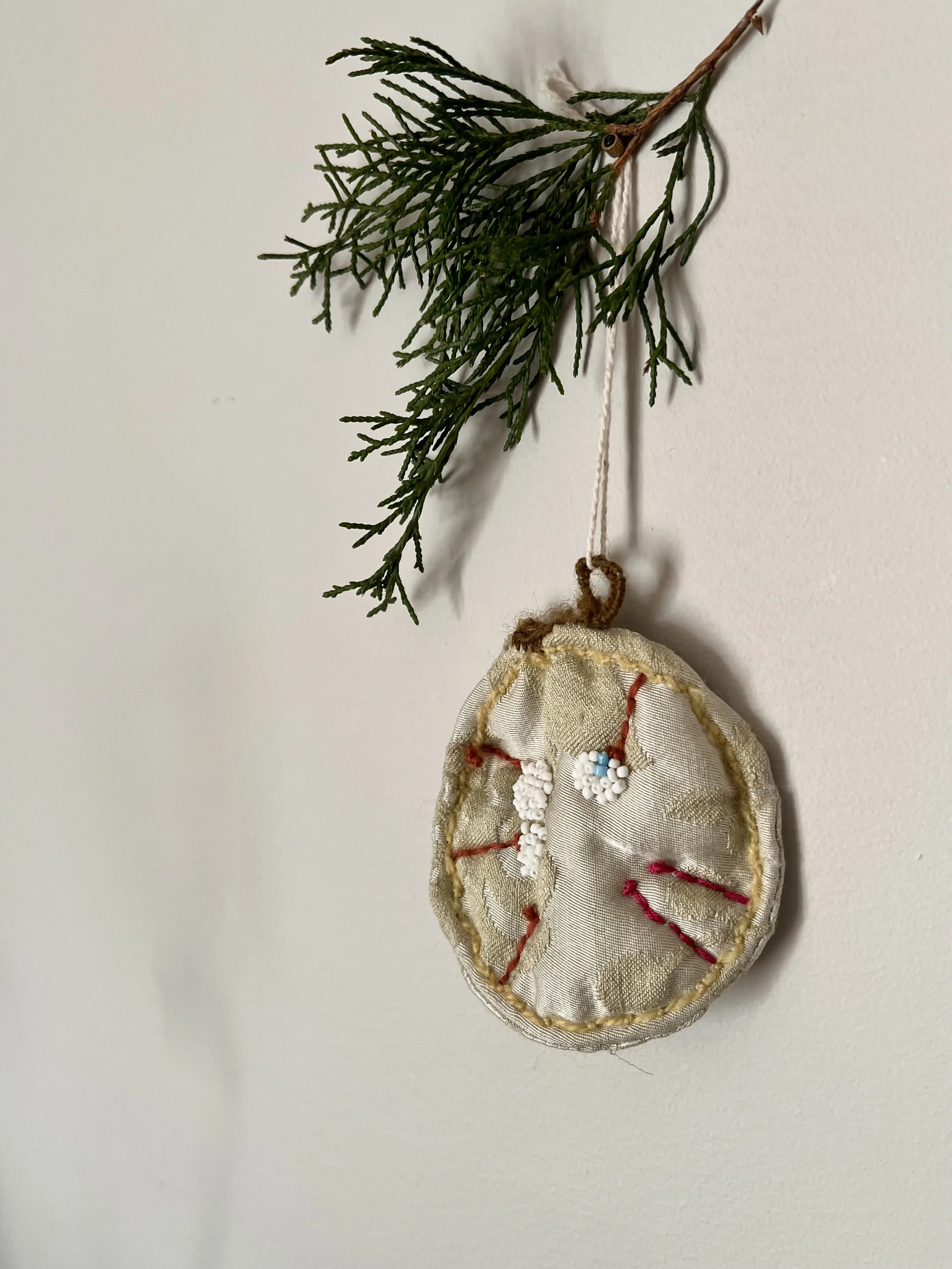 Brocade with Bead Seeds  "Money-Plant" Hand—Sewn Fabric Ornament