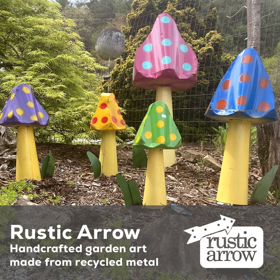 In need of shrooms? How about metal ones? Better yet, recycled metal! Right now we have an assortment of metal garden art including mushrooms, goats and even a peacock (to be classy).
#gardenart #recycledart #garden #gardenfun #mushrooms