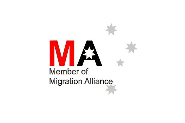 Logo of Migration Alliance featuring a large red and black 'M' and 'A' with stars and text 'Member of Migration Alliance'.