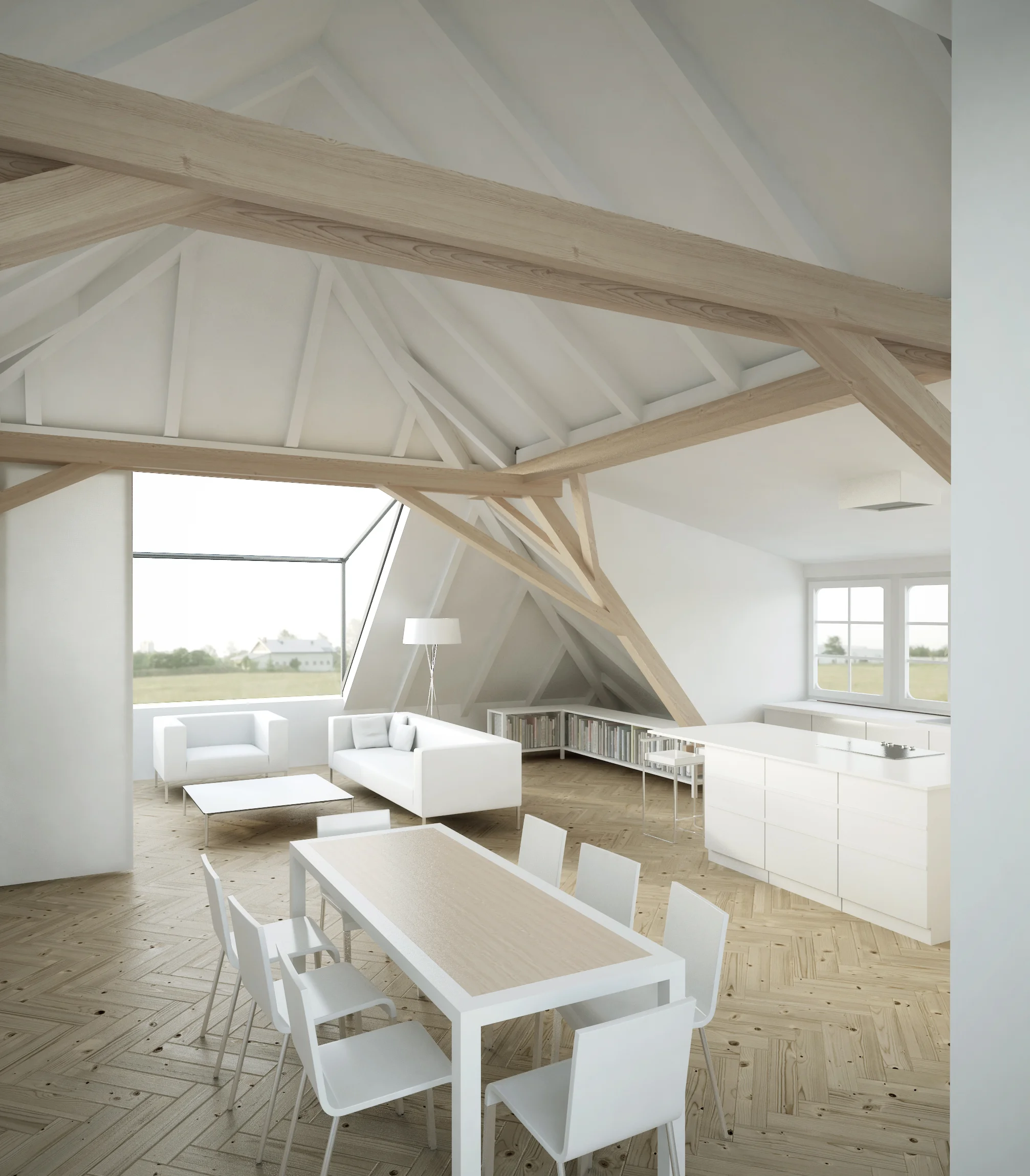 PENTHOUSE LOFT AND EAST-FACING BREAKFAST TERRACE , 2015, SALZBURG CLIENT: DR. BEINDL, STADT SALZBURG DESIGN: DI DORIS DOCKNER CONSTRUCTION DETAILS & SUPERVISION: DI THOMAS PLETZER THE ROOF OF THIS BEAUTIFUL VILLA WITH BREATHTAKING VIEWS OF THE "SALZBURG CASTLE" WAS RENOVATED AS A VENTILATED ROOF CONSTRUCTION AND CONVERTED INTO A SHELL BUILDING. THE FOUR NEW DORMERS EXTENDING IN EACH DIRECTION WERE ADDED TO THE IMPRESSIVE OLD ROOF CONSTRUCTION, WHICH WAS PRESERVED, REINFORCED AND EXTENDED. THE LOFT-LIKE INTERIOR OFFERS TWO DIFFERENT FUNCTIONAL PARAPET HEIGHTS PROVIDED BY THE DORMER WINDOWS, SO THAT THE LIVING SPACE IS STRONGLY CONNECTED WITH THE SURROUNDING TREETOPS AND GARDEN. THE NEW EAST-FACING BREAKFAST TERRACE IS MADE OUT OF STEEL WITH WROUGHT IRON RAILINGS AND A SMALL STAIRCASE LEADING DIRECTLY TO THE GARDEN. PHOTOS BY TOM LAMM