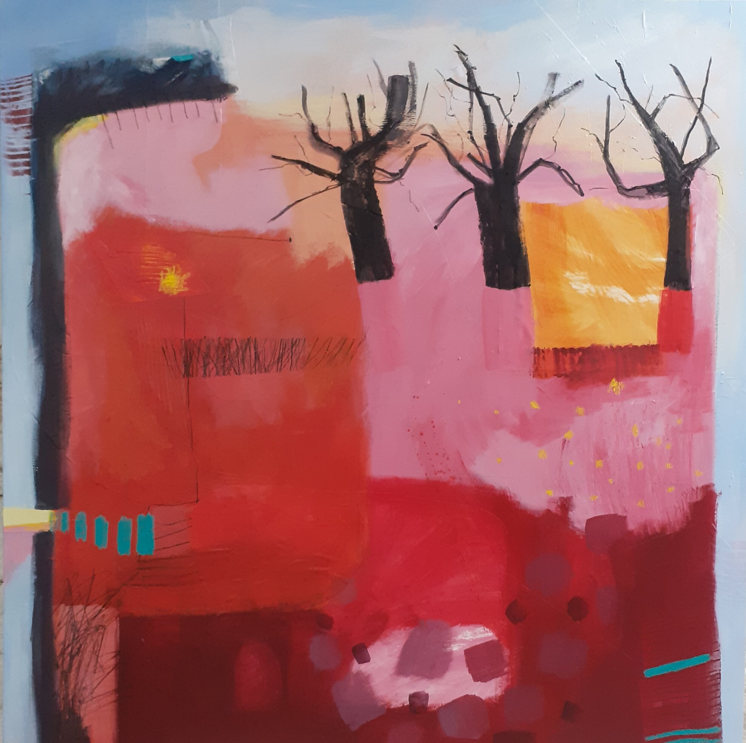 Three Trees, Rodden, Frome. Mixed media on canvas. 100 by 100cm.jpg