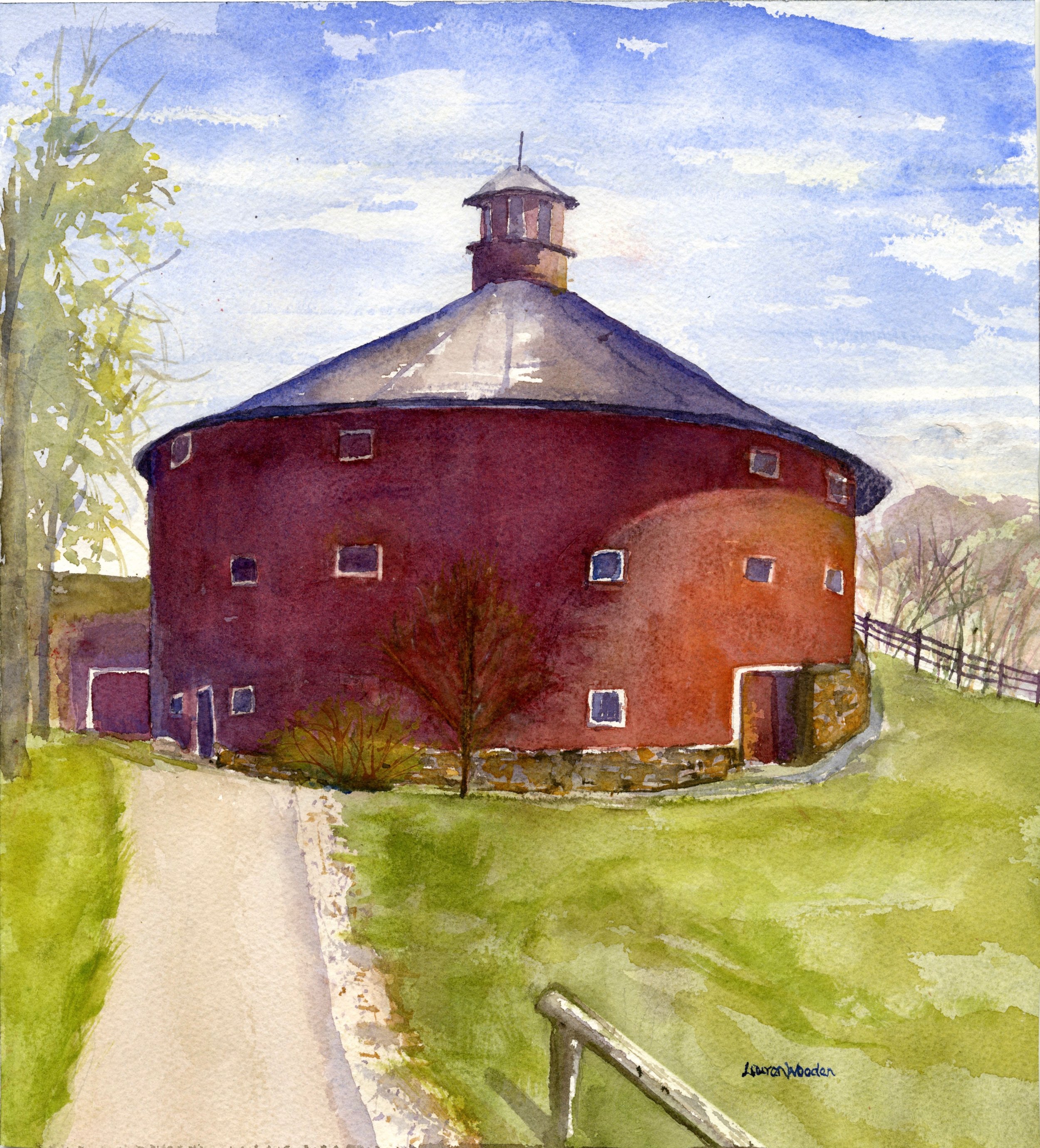 round barn watercolor landscape painting by Lauren Wooden.jpeg