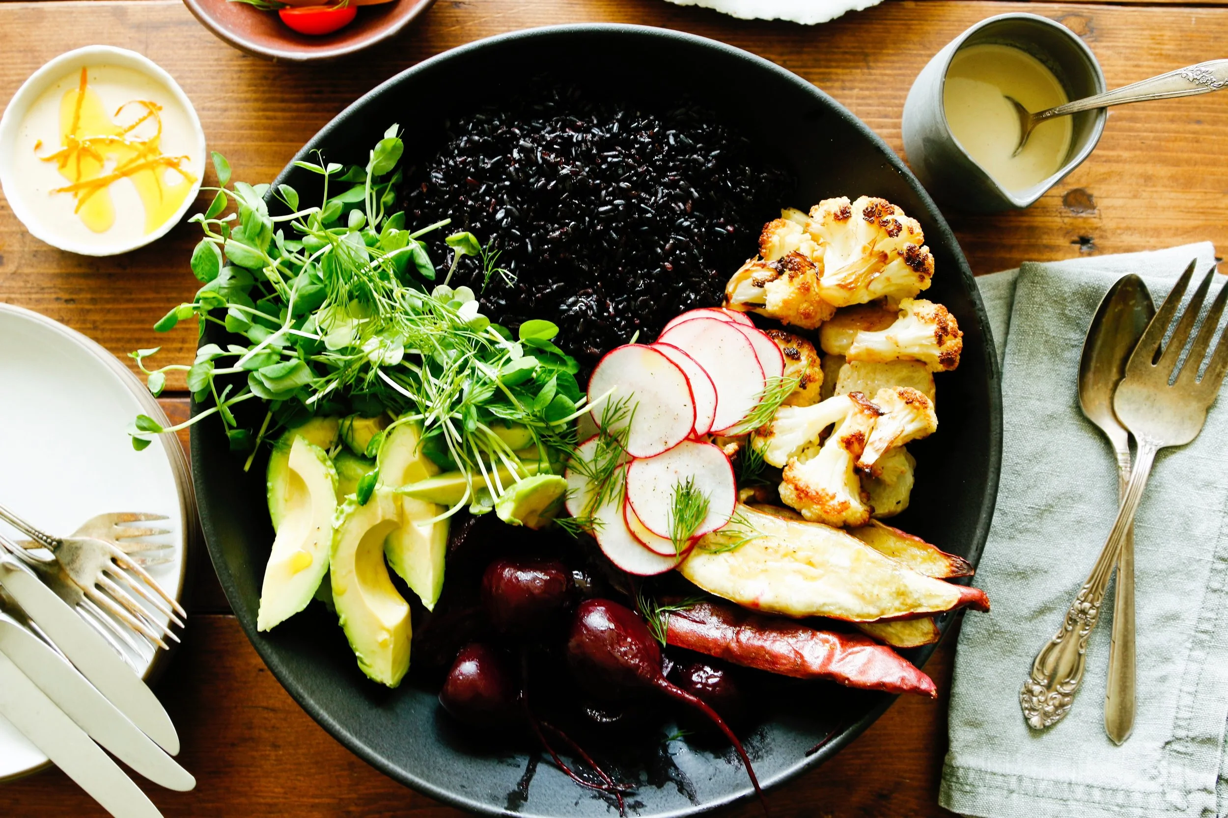 Family Style : Forbidden Rice Bowl w/ Orange Tahini Dressing 
