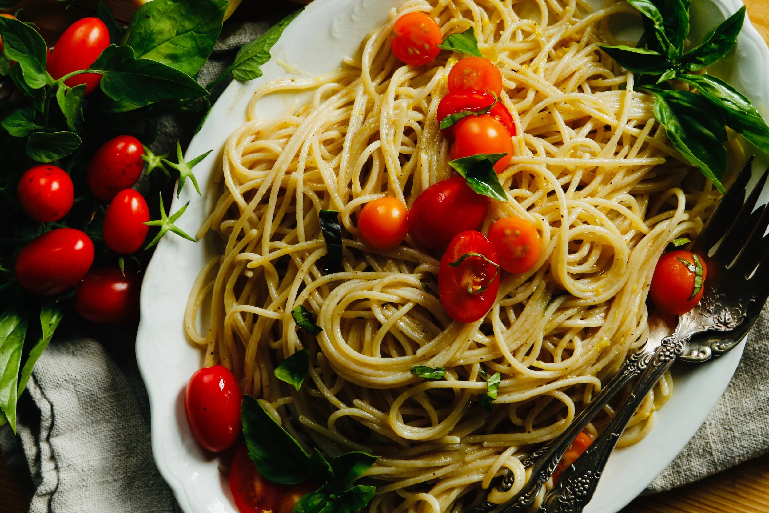 Lemon Spaghetti w/ Ghee, Garden Tomatoes, and Basil