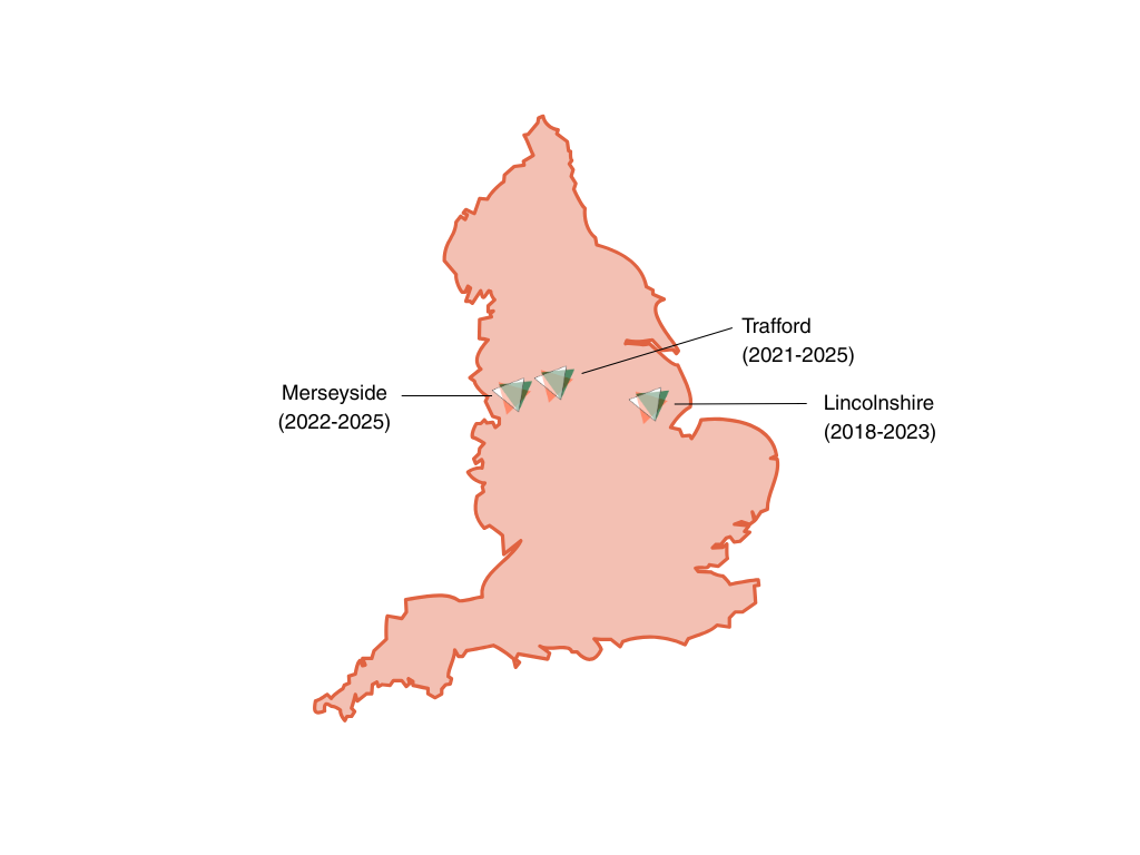 Map of England showing three sites of Merseyside, Trafford and Lincolnshire, where Make a Change previously ran.