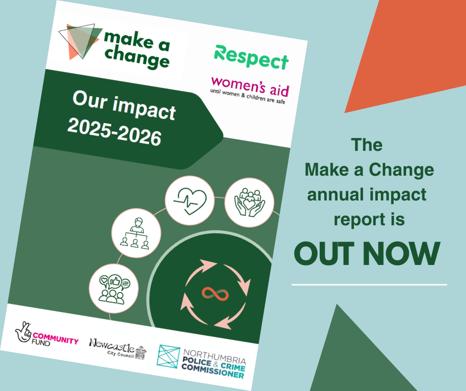 Graphic promoting the Make a Change annual impact report. The text reads: "The Make a Change annual impact report is OUT NOW" alongside a cover image of the  report titled 'our impact 2025-2026', featuring the logos of Respect and Women's Aid