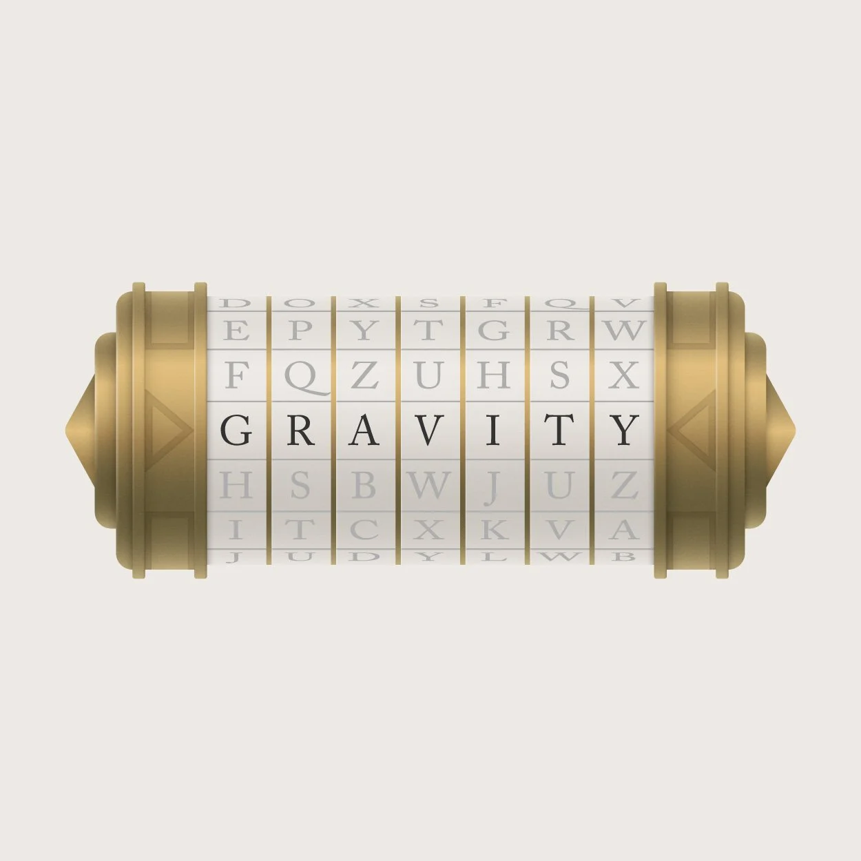 Cryptex featuring seven dials featuring the word 'Gravity'