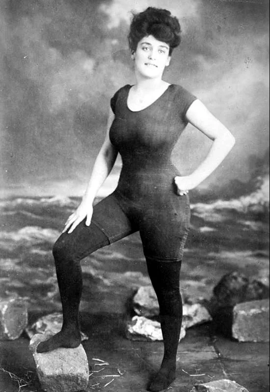 In 1907 swimmer Annette Kellermann was arrested for wearing one piece swimsuit , afterwards, she marketed her own line & revolutionized womens swimwear