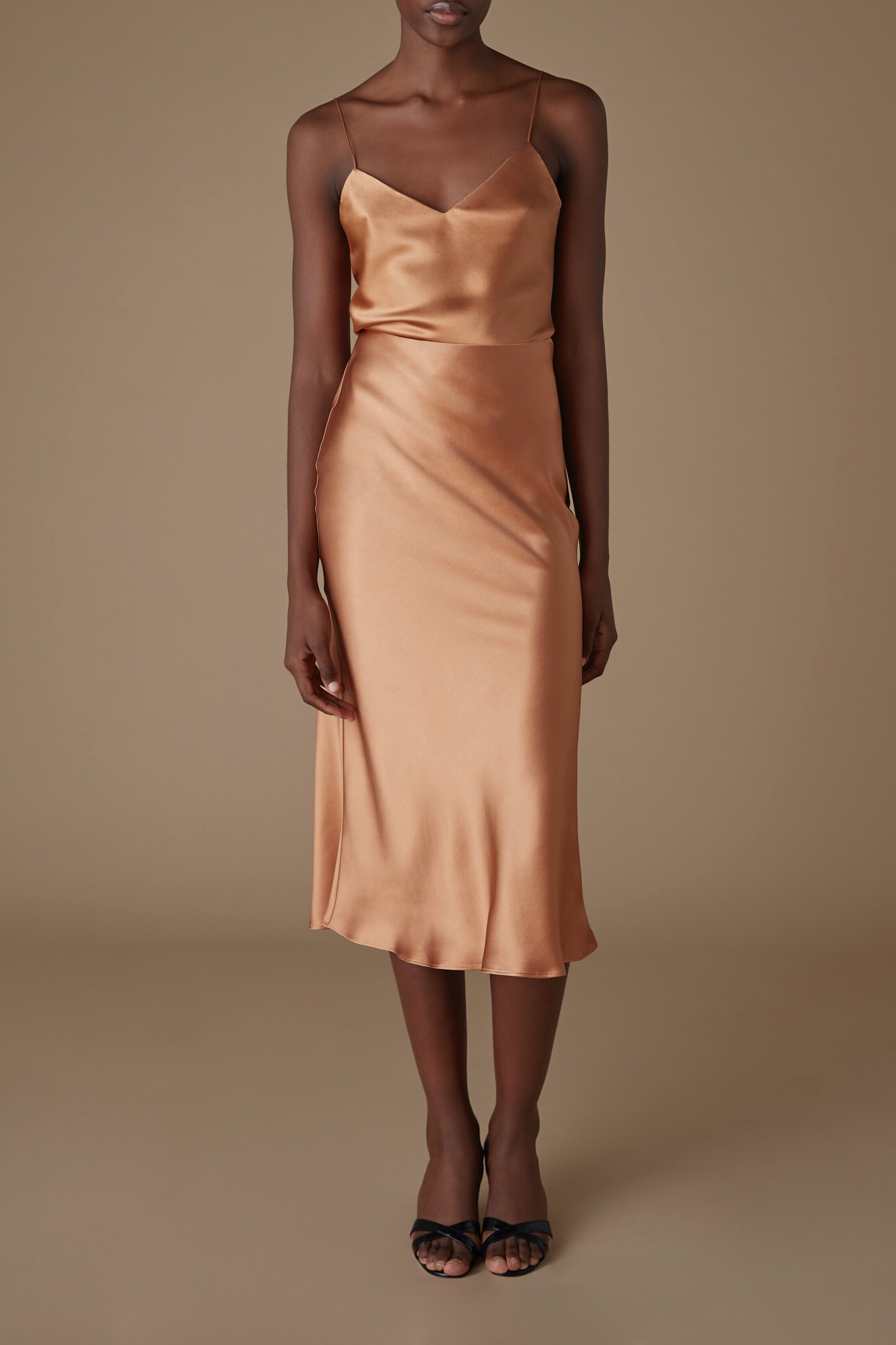 The Lydia Silk Slip Skirt in Caramel — REFINE