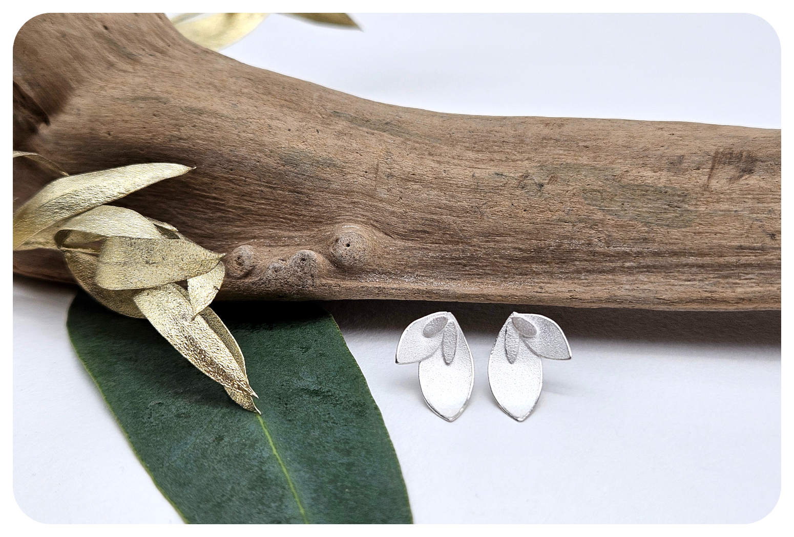 Silver Eucalyptus Petal earrings with leaf detail