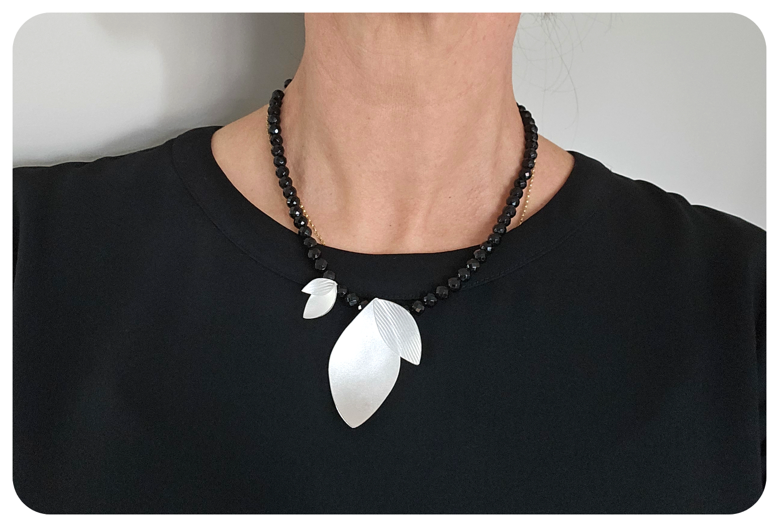 Long Eucalyptus Petal necklace with onyx