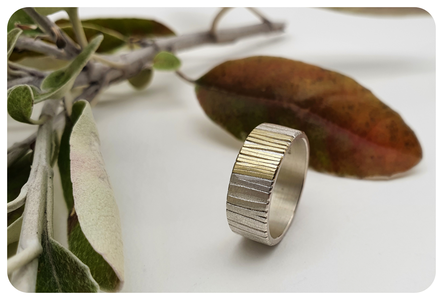 Wide Silver and 18ct gold Woodland ring — Donna Barry Jewellery
