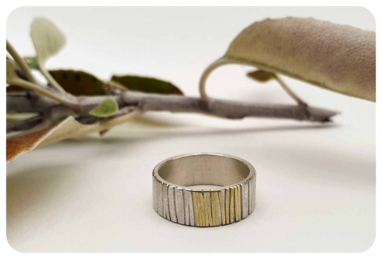 Wide Silver and 18ct gold Woodland ring — Donna Barry Jewellery
