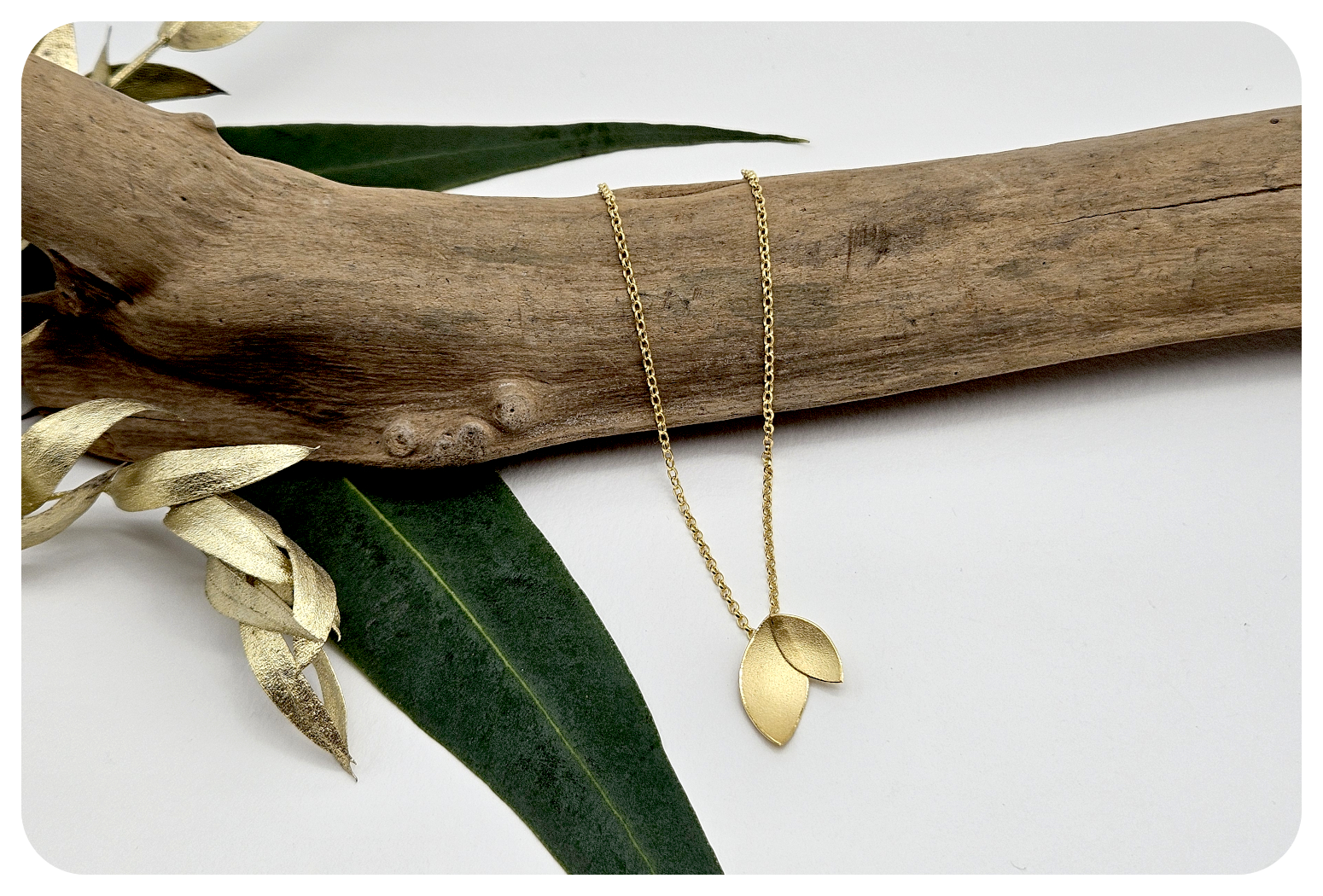 Long Golden Eucalyptus Petal pendant