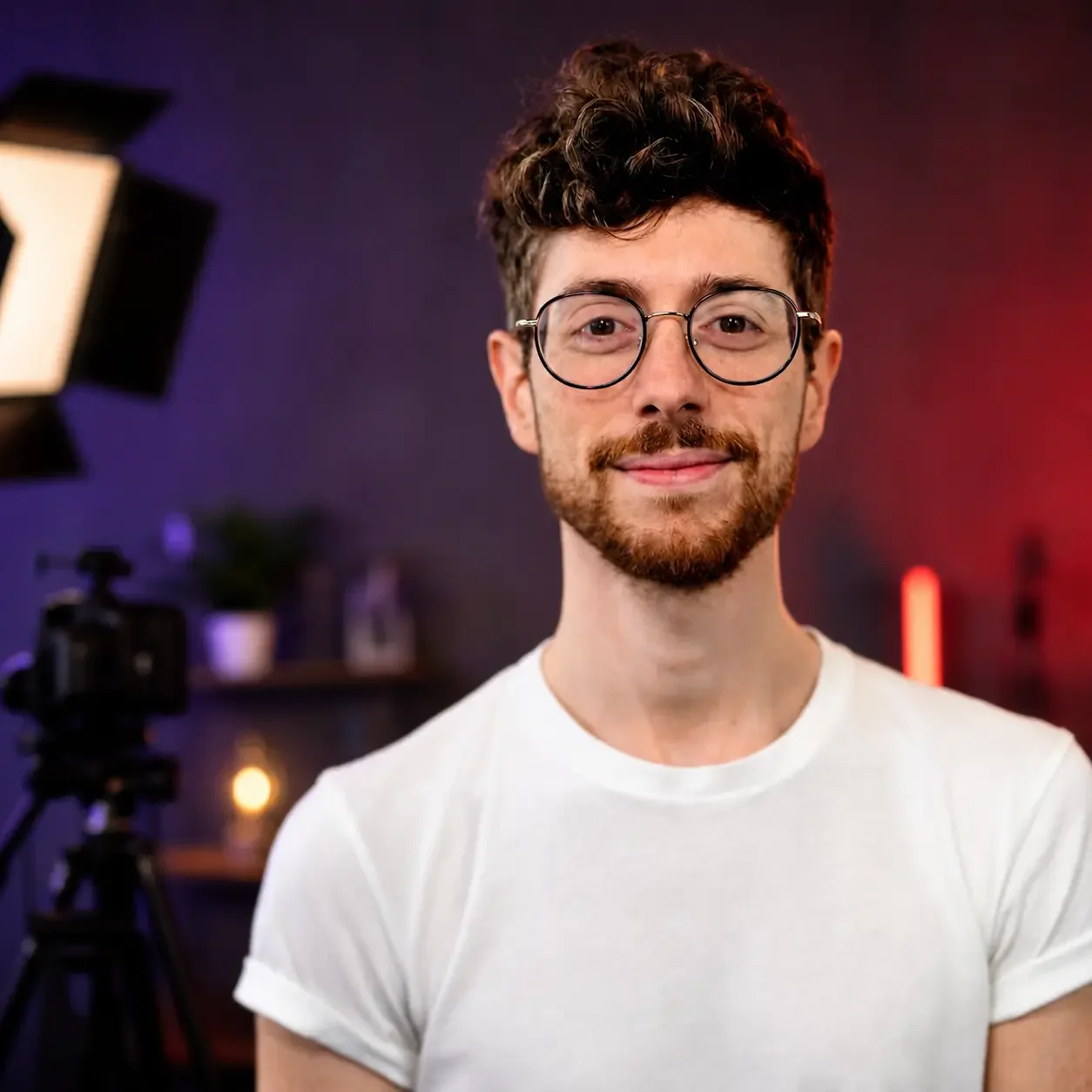 A young man with curly brown hair, glasses, and a beard smiling at a camera in a recording studio or filming setup.