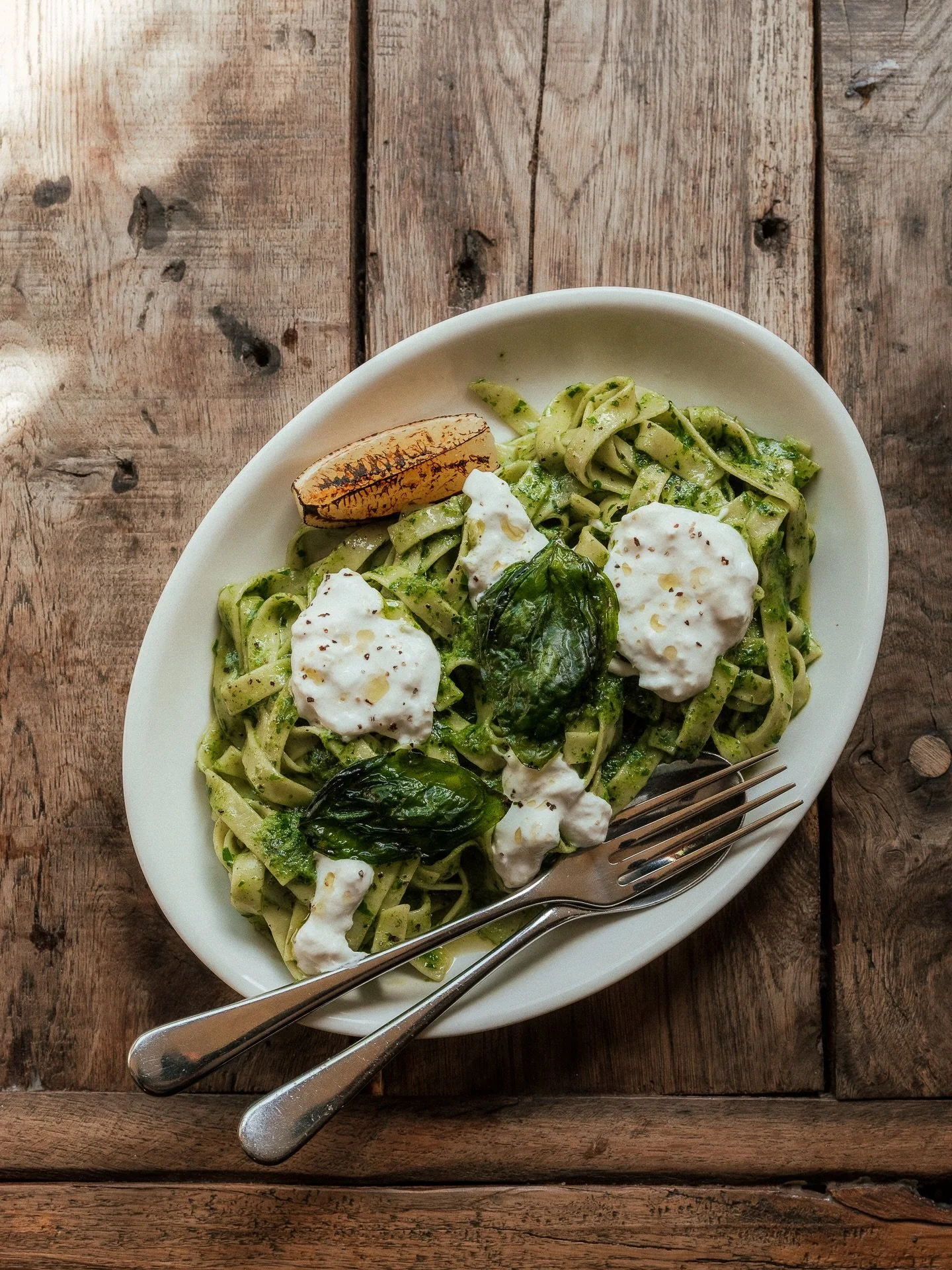 Couple of lovely specials for you!

- Tagliatelle Verde, Burrata, Burnt Lemon
With a sauce made from fresh, seasonal herbs, lovely burrata, zingy lemon.

- Basque Cheesecake with Strawberries + Mint
Just the best dessert there ever was, nothing furth