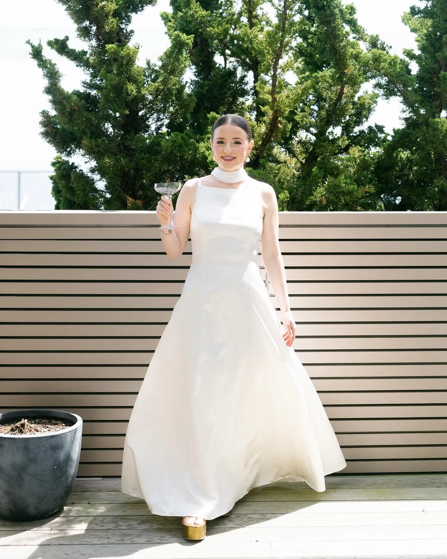 🥂 Moll wearing her Satin 90&rsquo;s does 60&rsquo;s gown and Chanel Silk Sample Scarf for her Ceremony, a Silk Bias Cut Scarf Hem Dress for her Reception,  a Beaded Fortuny Pleated Dress &amp; Beaded Drop Earrings for her Rehearsal Dinner, and a Cro