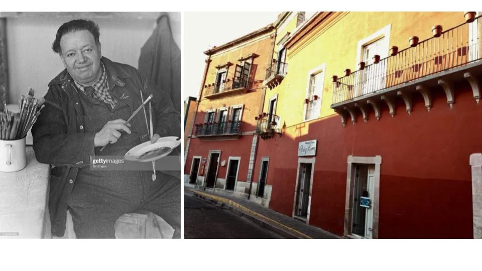 (L): Diego Rivera Holding Paint Brushes c. 1944, (R): Museo Casa Diego Rivera, Guanajuato, México - Birth Home of Diego Rivera