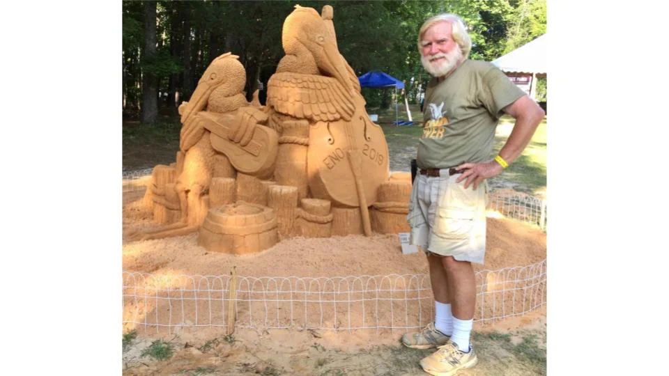 Ed Moore of Sandy Feat Sand Sculpture , Eno River Fest 2019