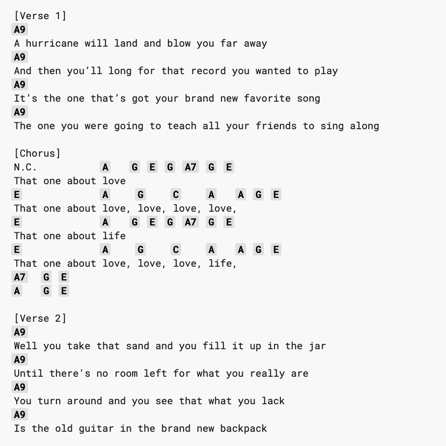 The Hurricane Song: Chords & Lyrics