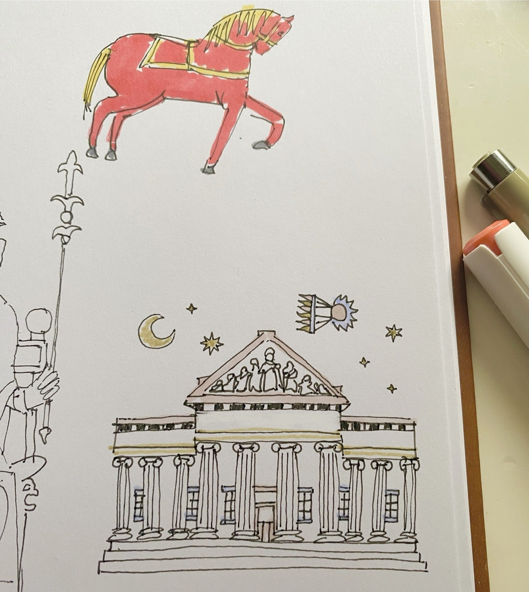 Glimpse of  line sketch of king on thrown with sceptor, red horse with yellow details, museum with columns and relief image on face of roof. 4, 6 and 8-pointed stars in the sky. Faint color accents: beige, yellow and blue.