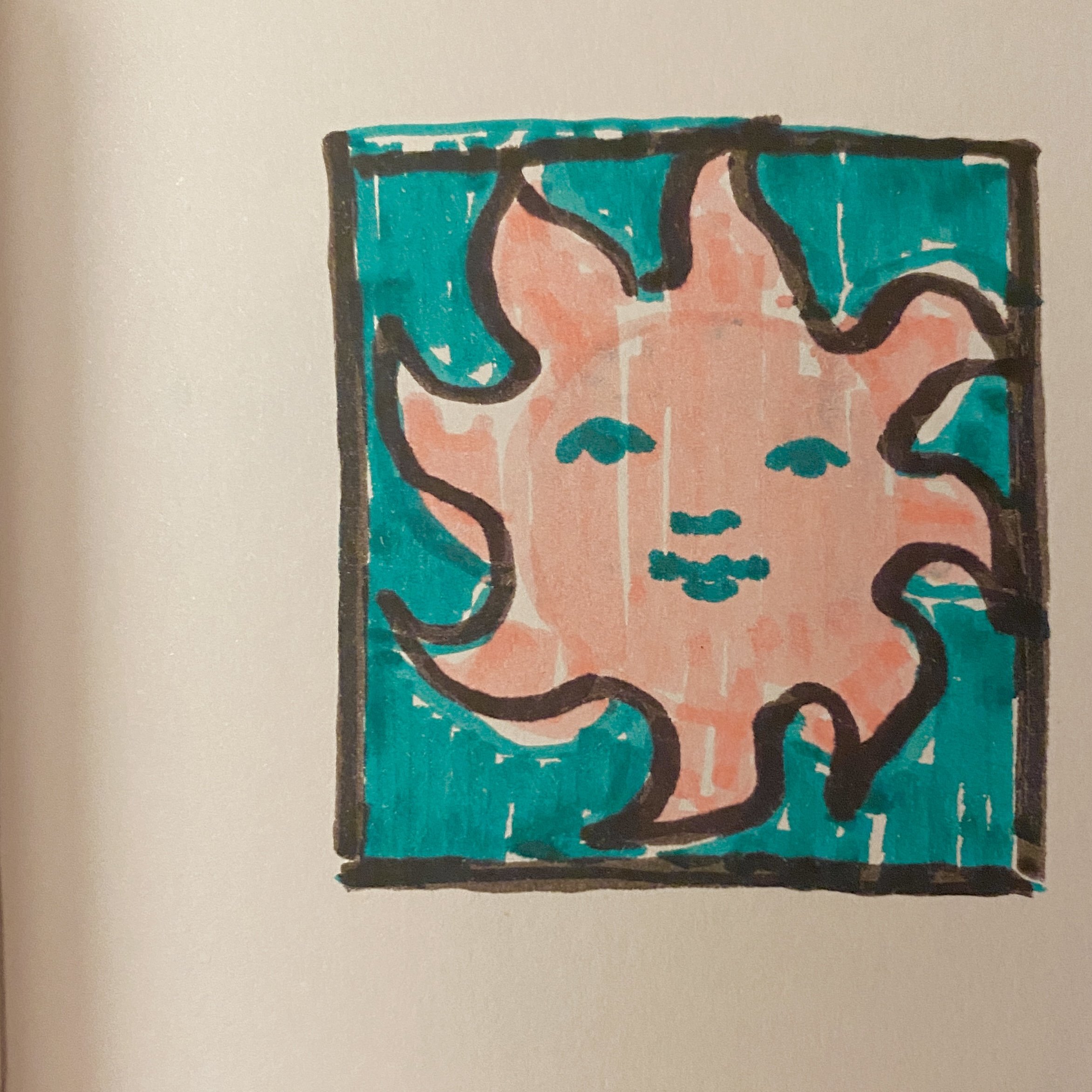 Square photo of sketchbook page with off-center smiling golden sun with teal facial features on teal background, outlined in black square.