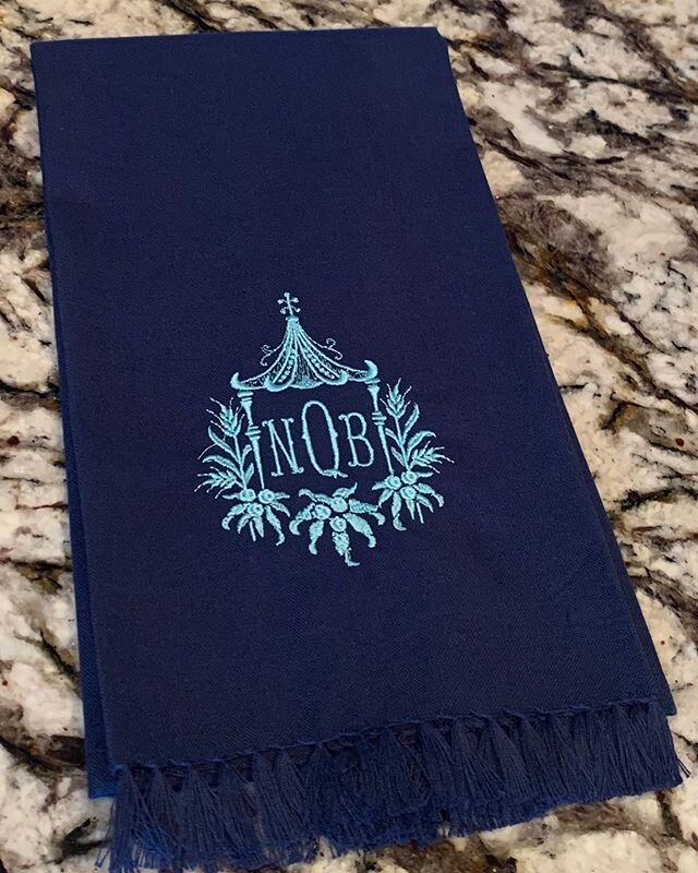 I had the pleasure of delivering this beauty to its new home yesterday. The pagoda frame on our navy fringe guest towel features the Megan font in aqua thread as pictured here. It&rsquo;s such a joy seeing these come to life for my customers!