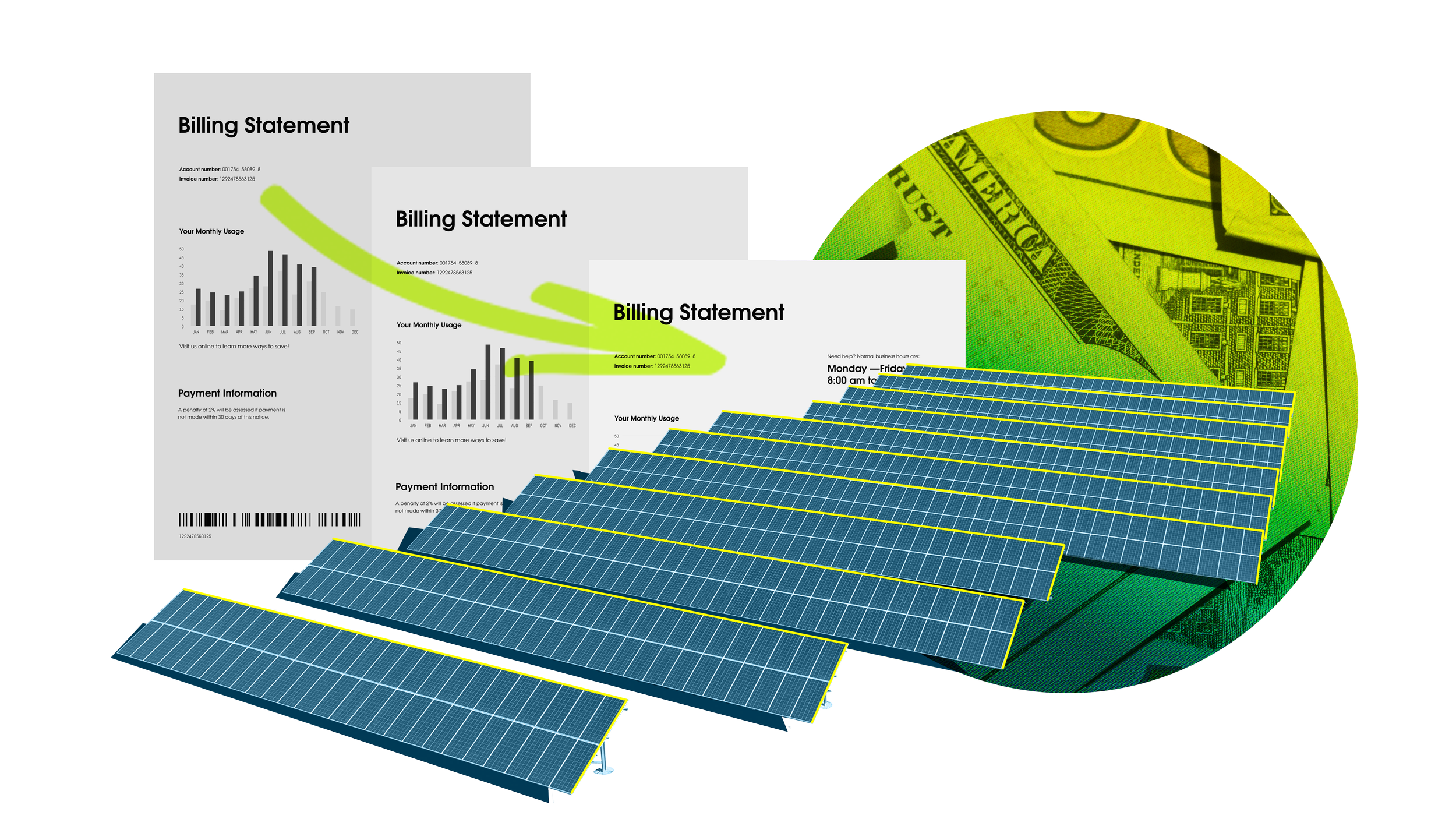 A website graphic of solar panels superimposed over decreasing billing statements and a circle with currency in it.