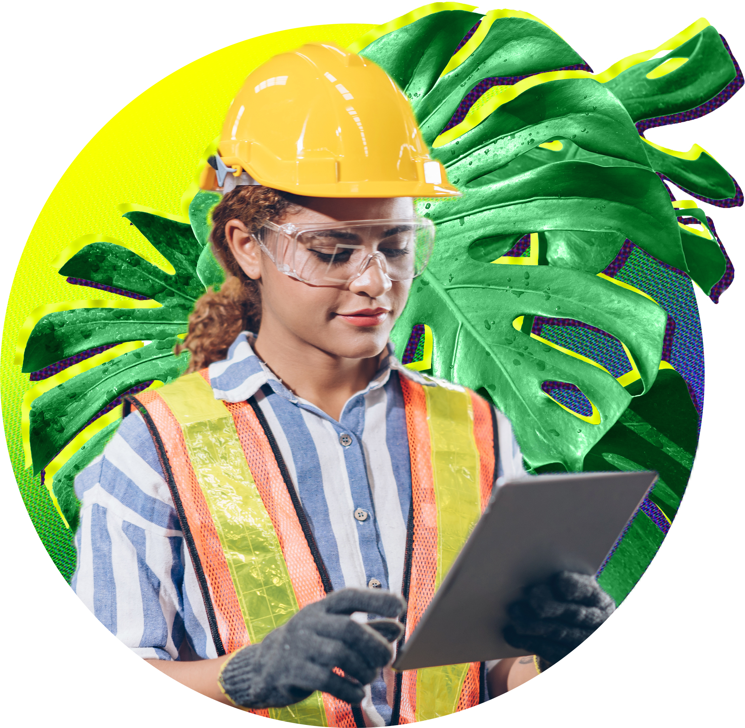A website graphic of a young woman in PPE looking at tablet. She is positioned on a circle with a yellow to green to blue gradient with a halftone treatment. A monstera plant is also behind her.