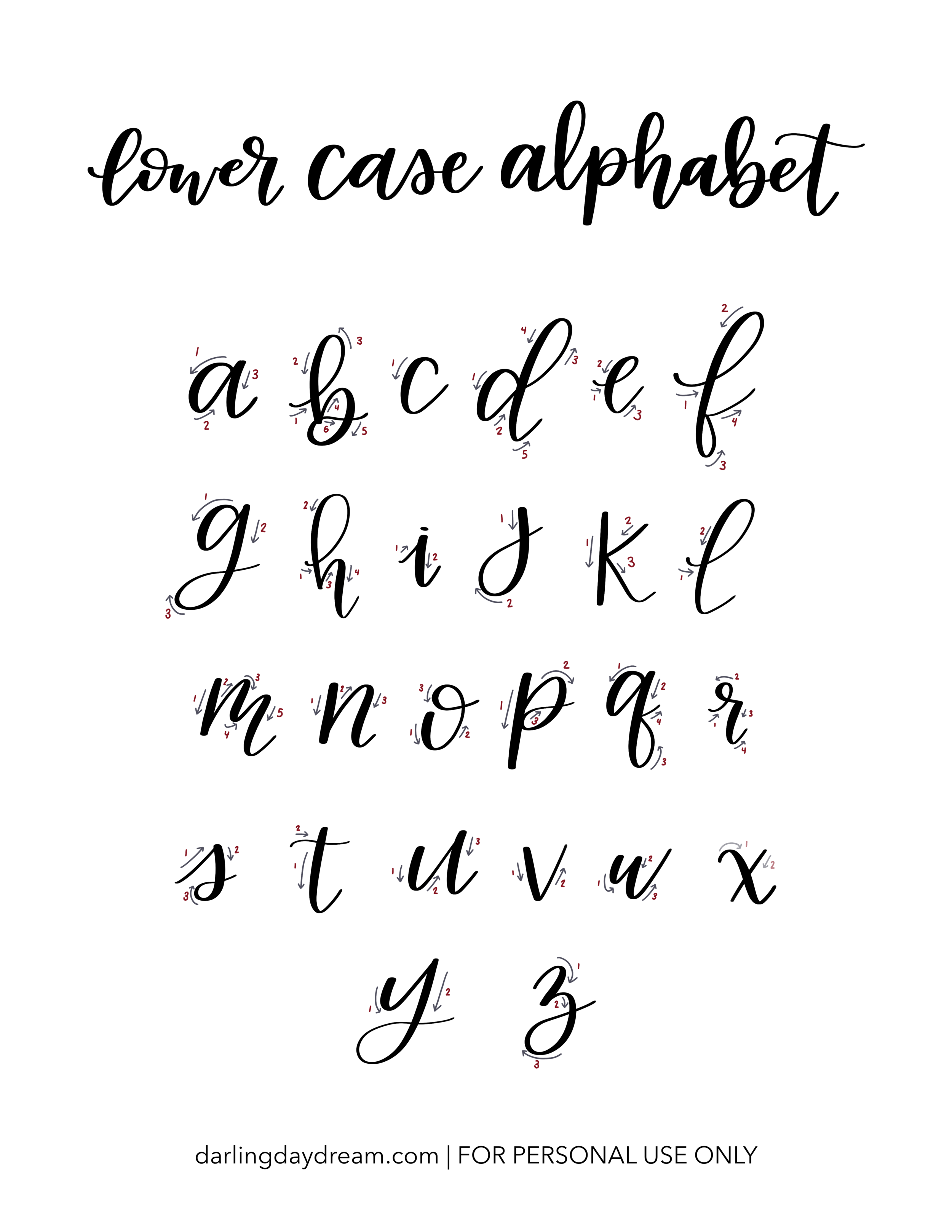 Free Brush Lettering Practice Sheets: Lowercase Alphabet 