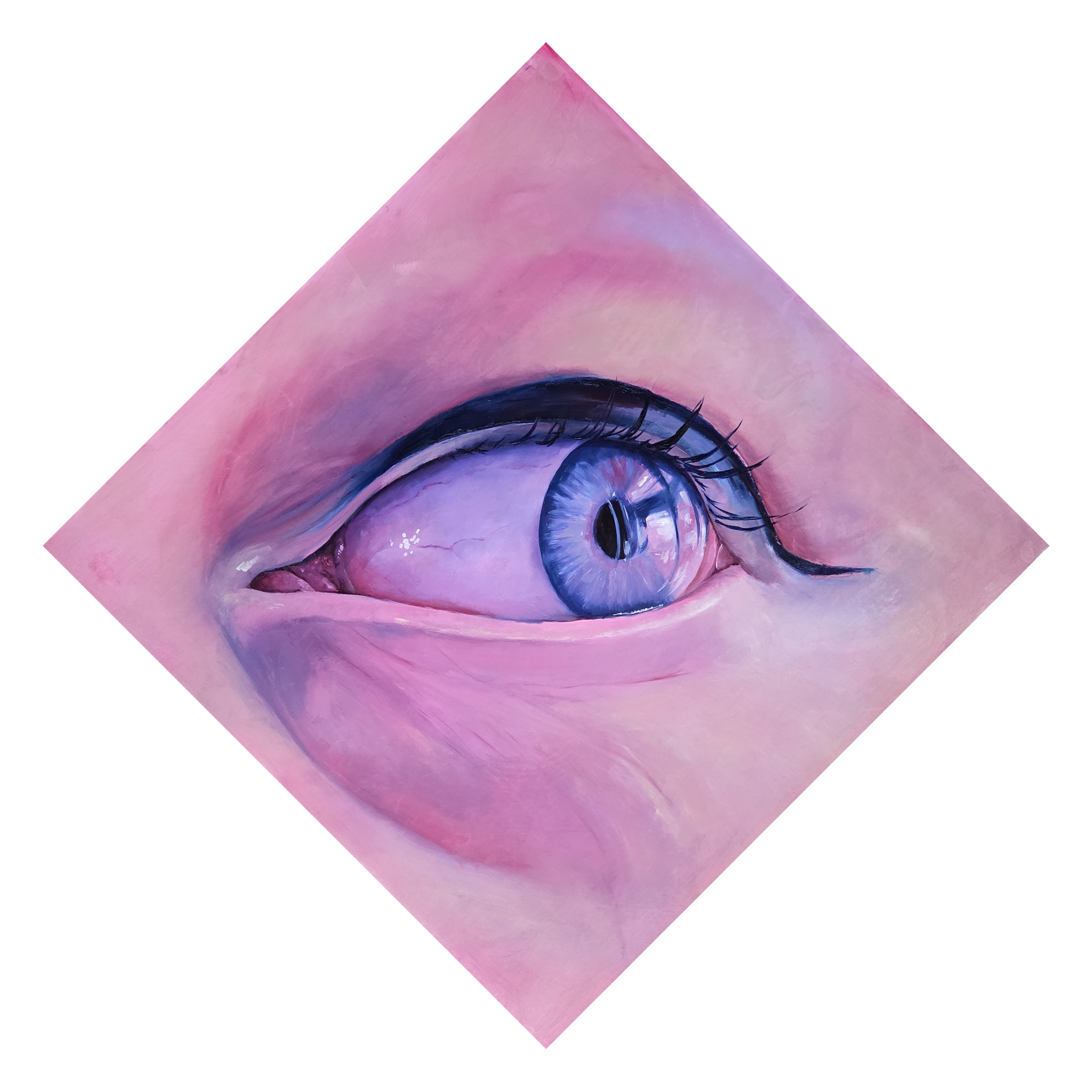 Close-up of a painted eye on a pink background with black eyeliner and long lashes.