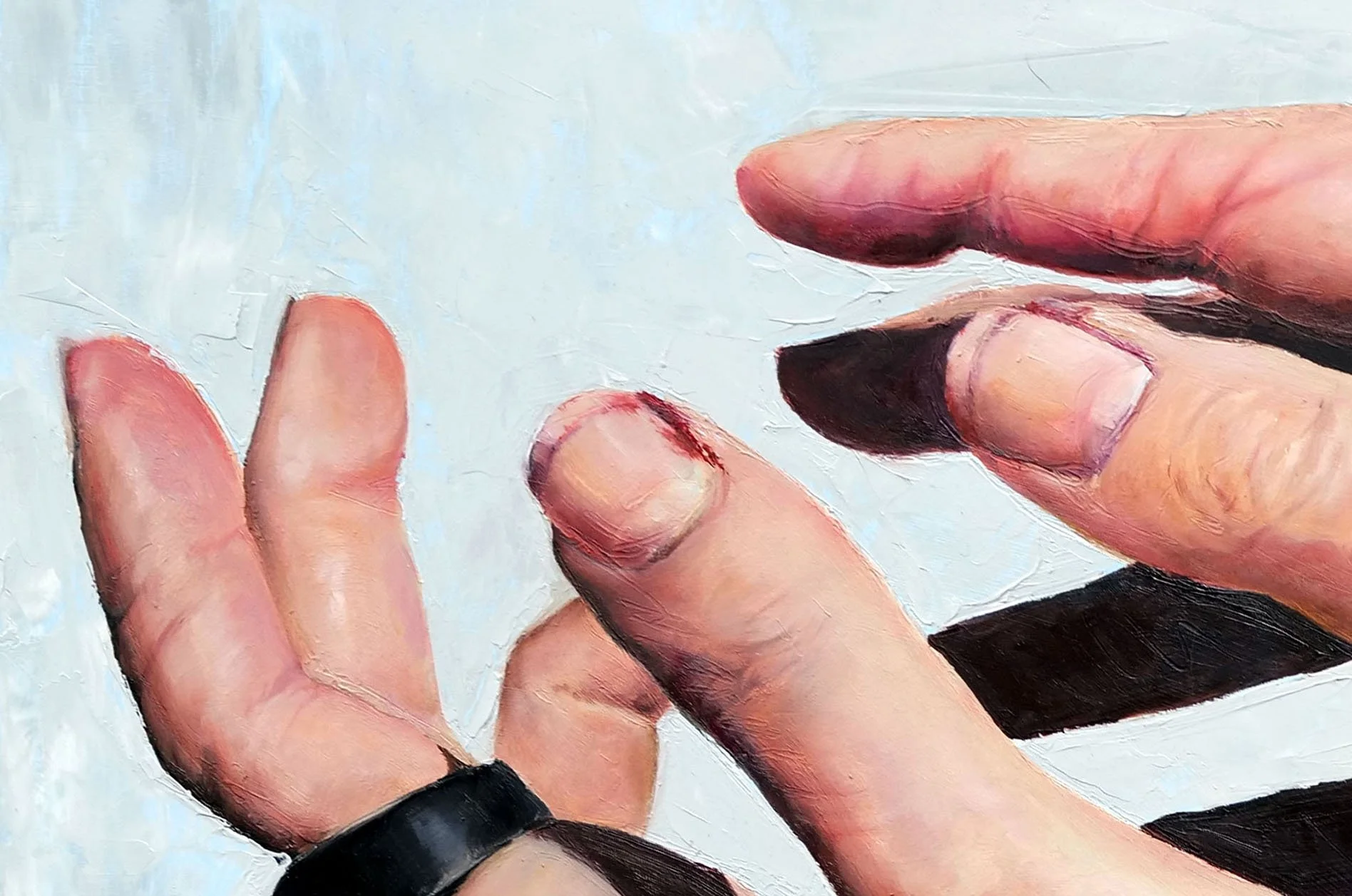 Close-up of a painting of person's fingers with bloody nails against a light textured background.