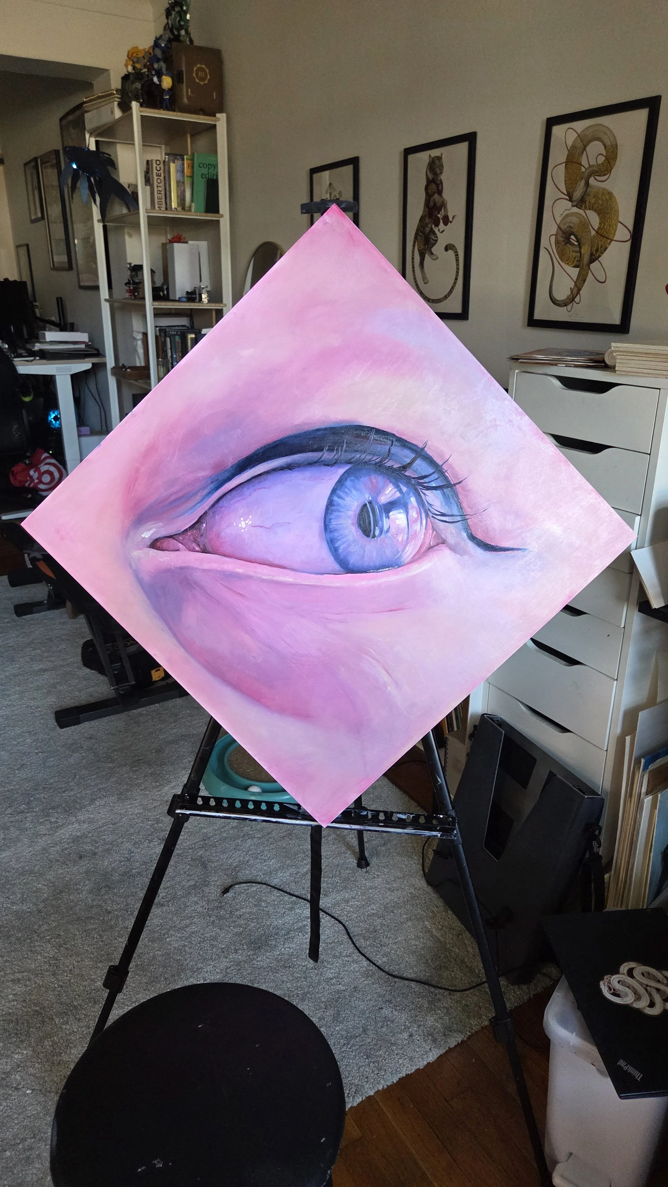 Close-up of a painting of a realistic human eye with pink eyelid and eyelashes, mounted on an easel in a room with bookshelves, framed artwork, and furniture visible in the background.