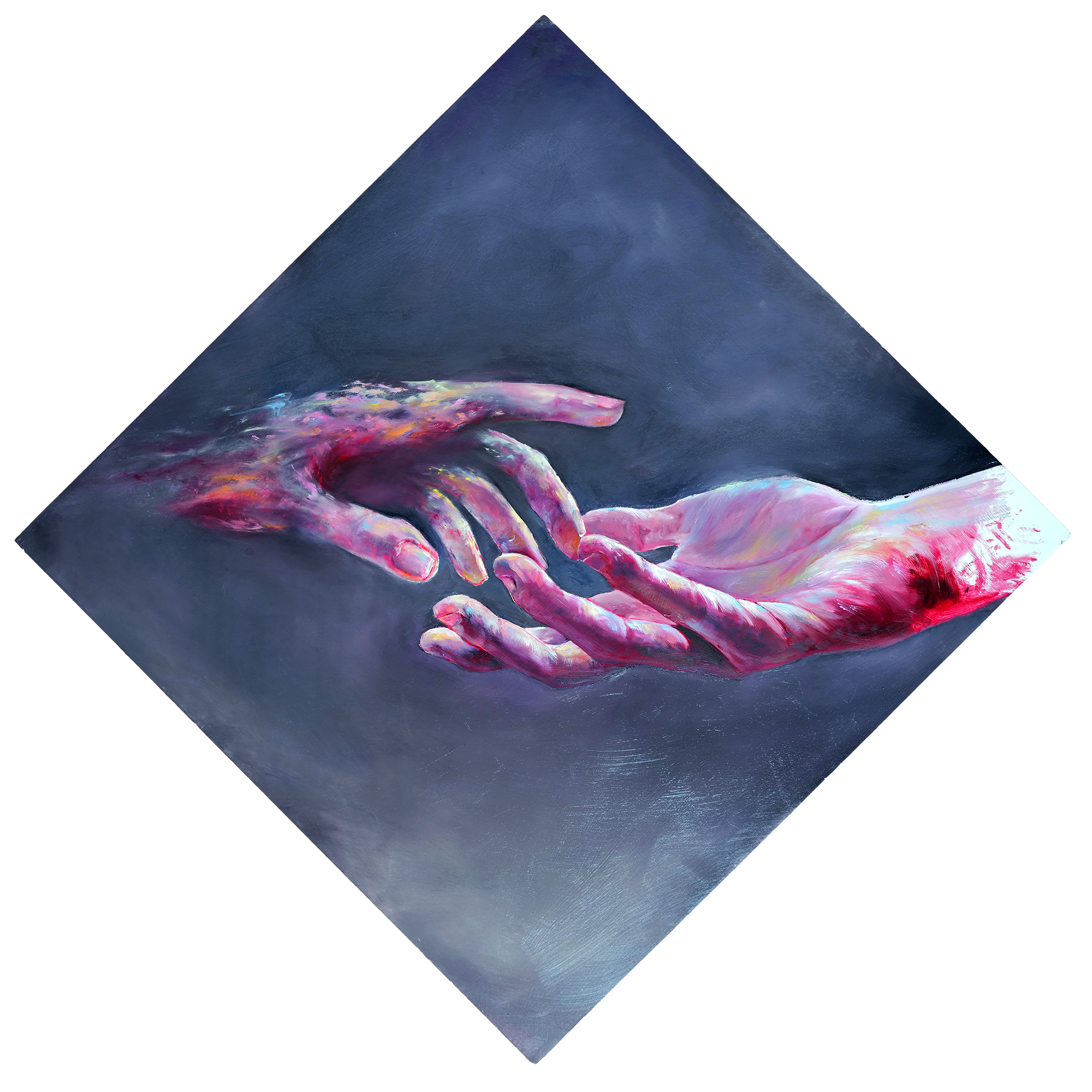 A painting of two hands reaching for each other with a dark background.