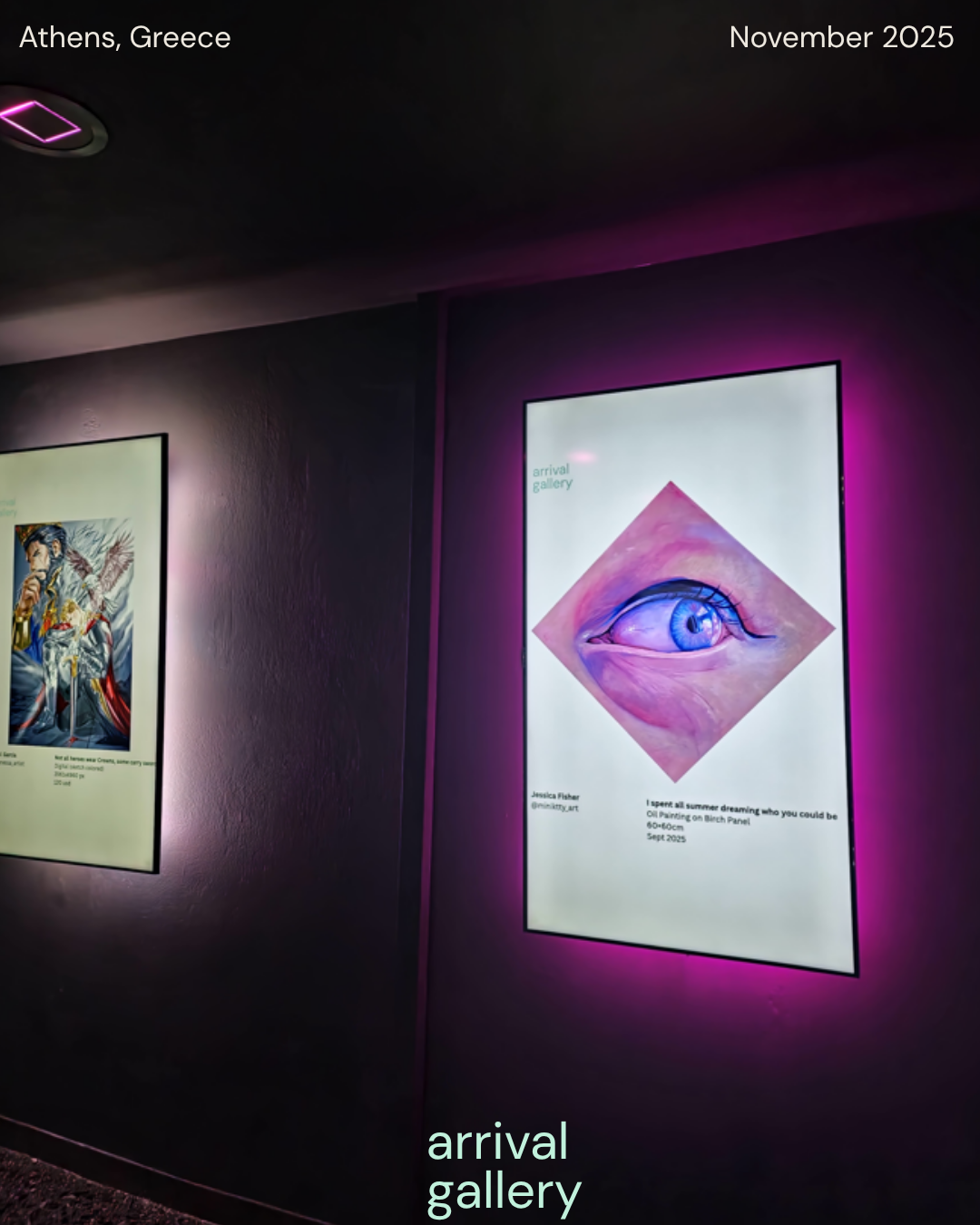 Digital display of a painting of an eye with neon purple backlight, titled 'I spent all summer dreaming who you could be,' by Jessica Fisher, displayed at Athens, Greece, November 2025.