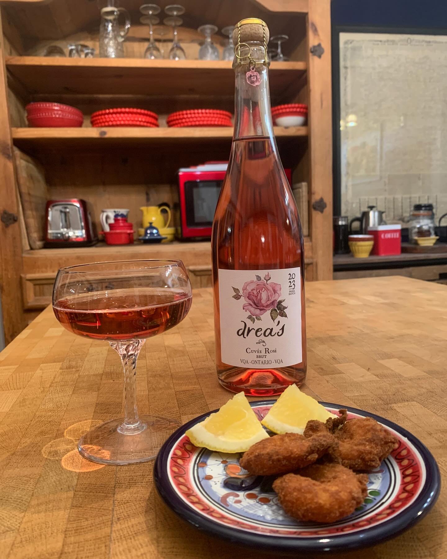 So excited to share dreams do come true, and that my Sparkling Cuv&eacute;e Ros&eacute; is now available! Dinner tonight, one of my grandmother&rsquo;s favourite, tender pink shrimp, Austrian-style! Was a perfect pairing Oka. #SchnitzelAnything #Drea