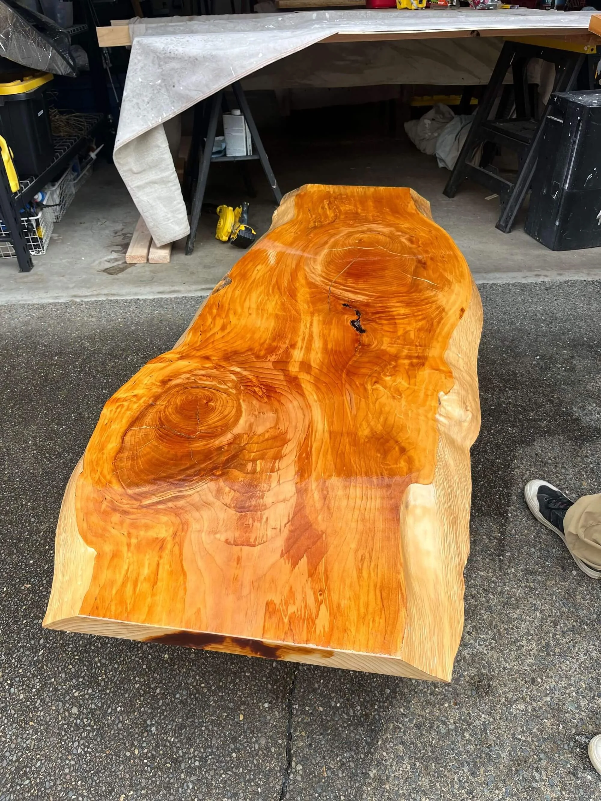 Gold Mountain Contracting crew putting the finishing touches on a live edge table refinishing project in Seattle.