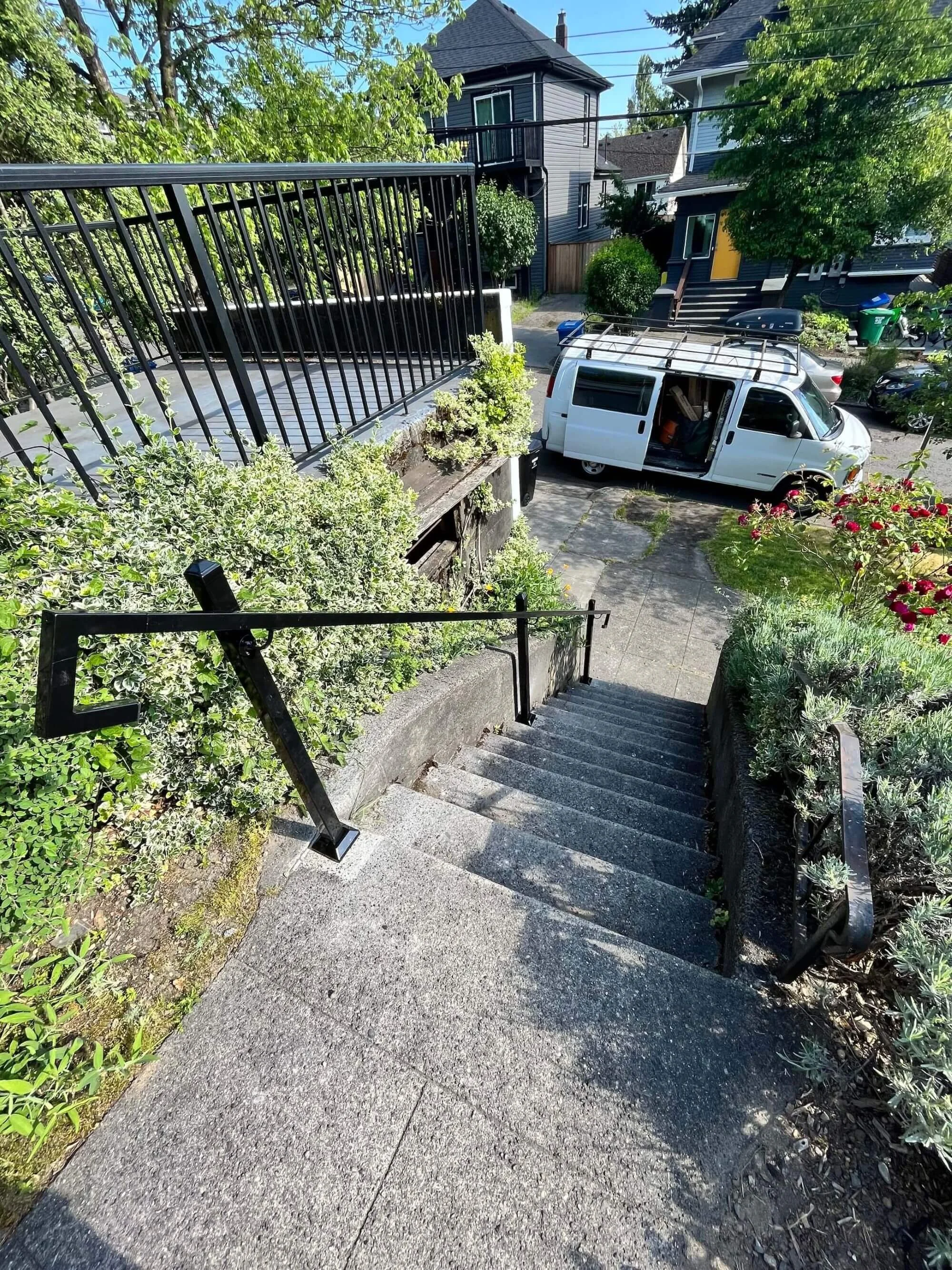 Second view of new Fortress metal handrails installed at a Seattle home in Cherry Hill.