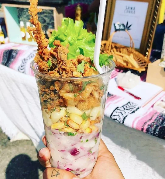 CEVICHE STOP Ceviche Mixto | Fish, squid, prawn, octopus, blood clams mix with tigers milk, aji limo, seaweed, crispy quinoa. ( GF)