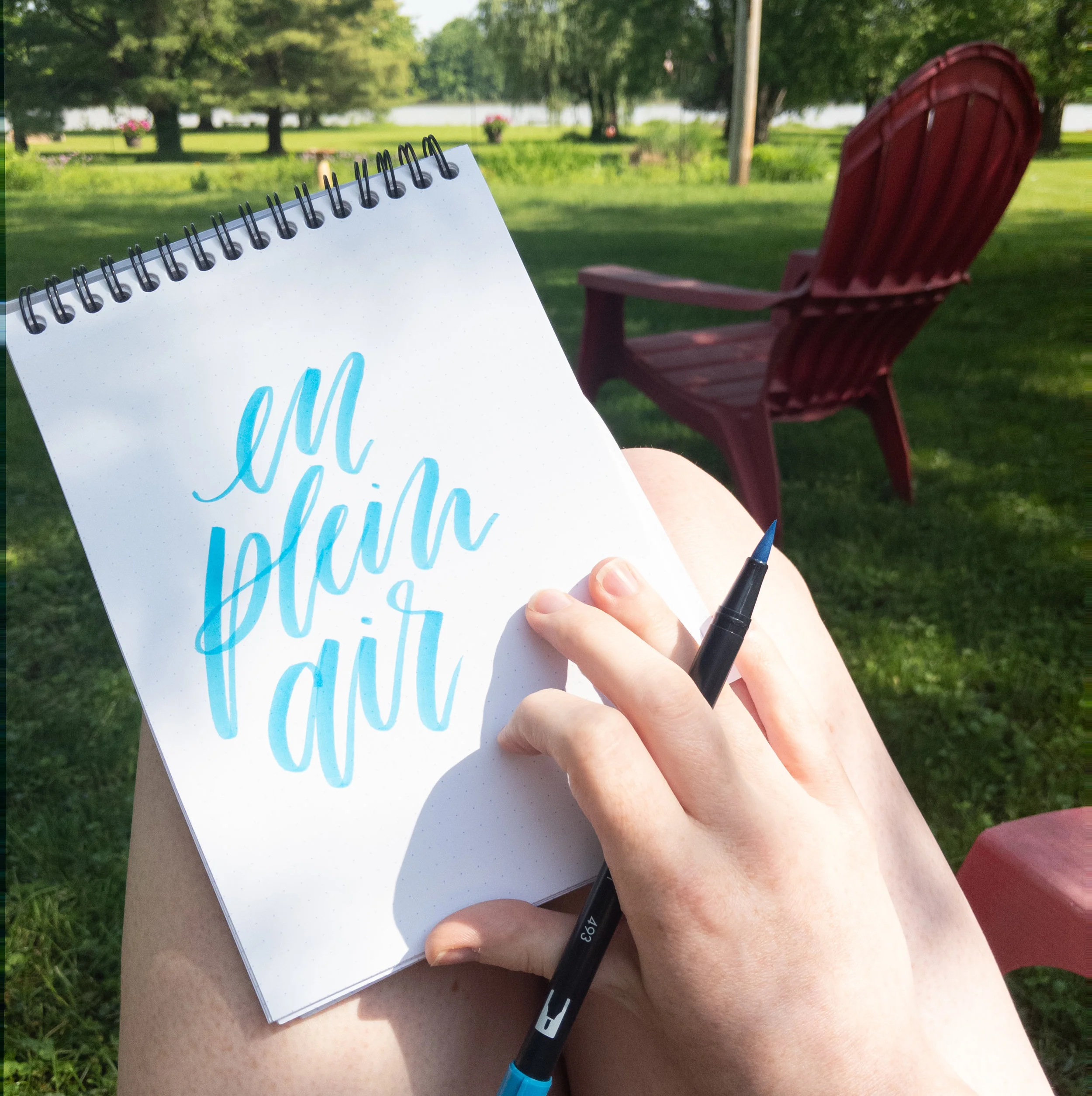 Calligraphy En Plein Air: Using your thighs as a easel. This works best when you’re lounging in a chair.