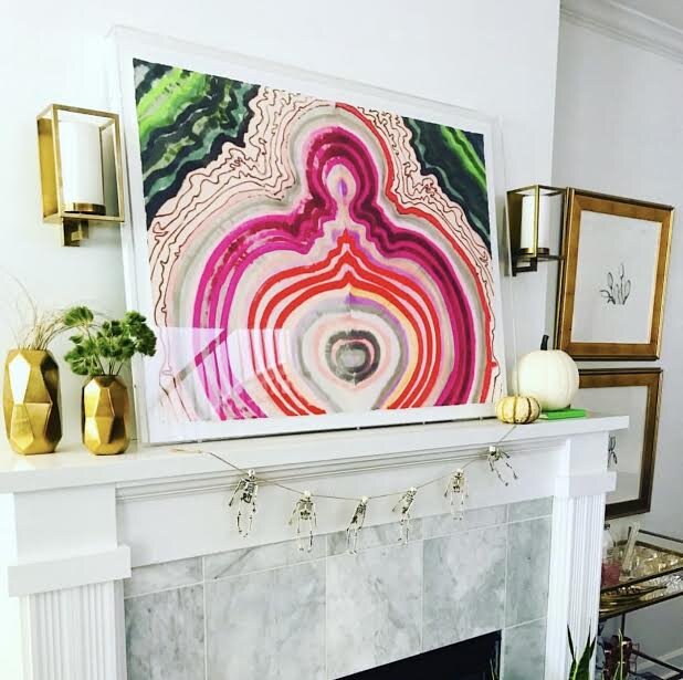 The Exotic Agate by Kristi Kohut on our fireplace mantel