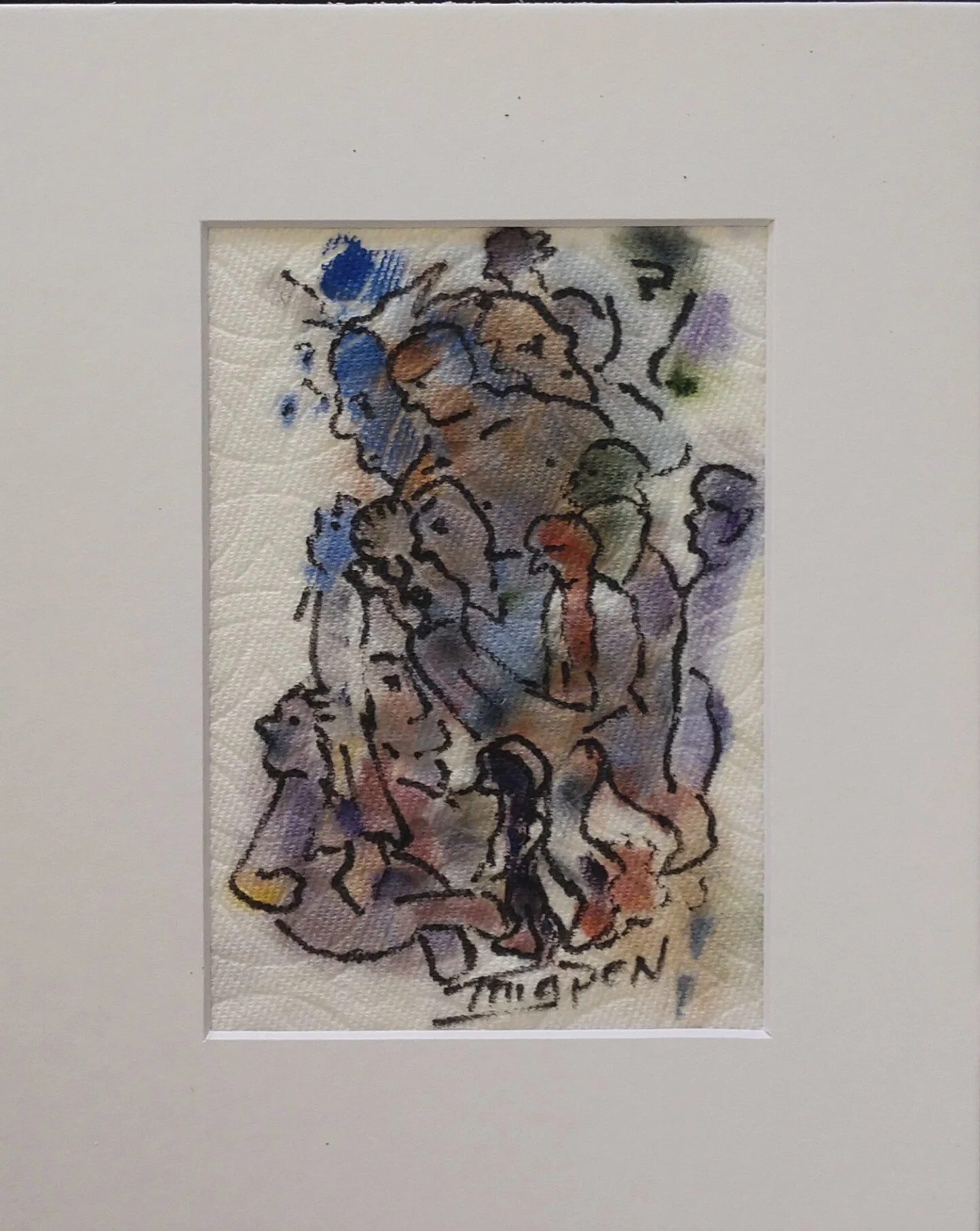 oil and marker on paper 5 x 7 inches image opening, mat frame 8 x 10 inches $100.00 USD (shipping available to USA, price upon request: shipping, handling, insurance; payments: cash and Paypal)